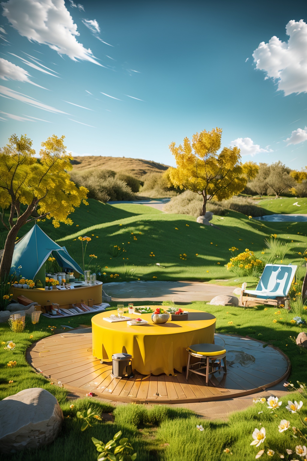 OC rendering, C4D, 3D, product photography, still life, flowers, outdoor, food, sky, sky, clouds, trees, cups, blue sky, no one, tents, chairs, tables, instruments, scenery, rocks, yellow flowers, fences,