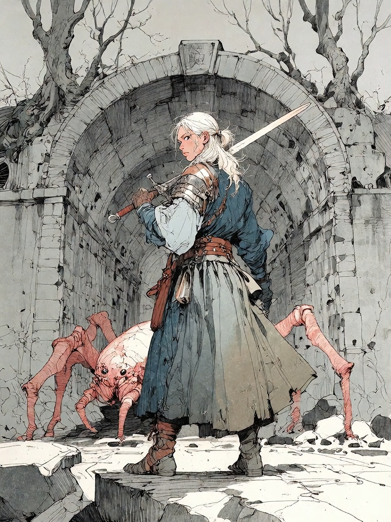 Bradhamel art style. A lone warrior with long white hair tied back,  clad in layered medieval armor and a tattered cloak,...