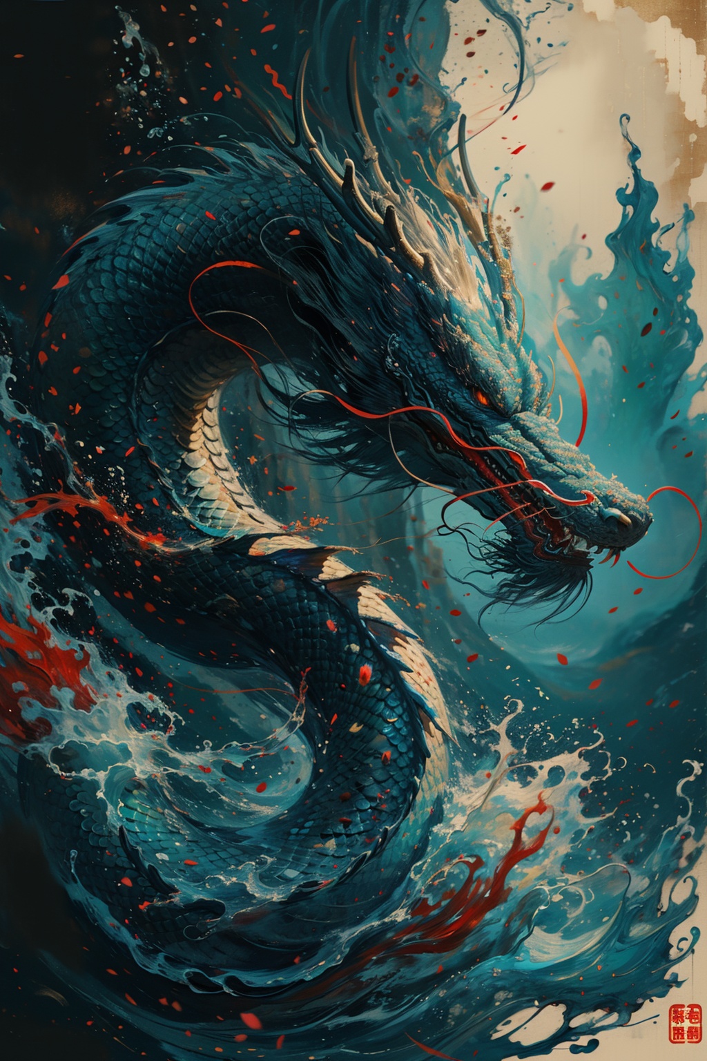 sdmai, guofenglong, dragon, eastern dragon, red eyes, no humans, cape <lora:国风龙sdmai,guofenglong:0.9>