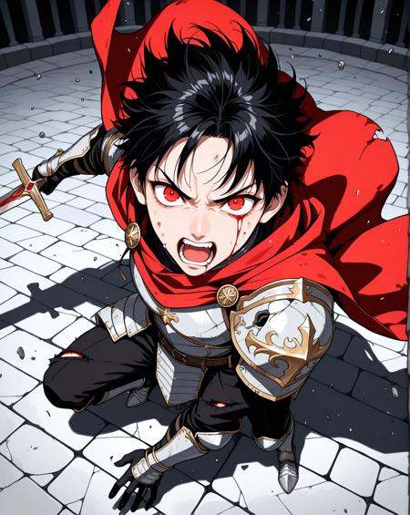 masterpiece, best quality, very aesthetic, newest, absurdres, 1man, holding sword, short black hair, red eyes, looking up at viewer, stone floor, gladiator arena, gladiator, (damaged armor:1.2), knight armor, red cloak fluttering in the wind, black pants, depth of field, yelling, angry, full body, front view, foreshortening, power stance, bleeding, blood