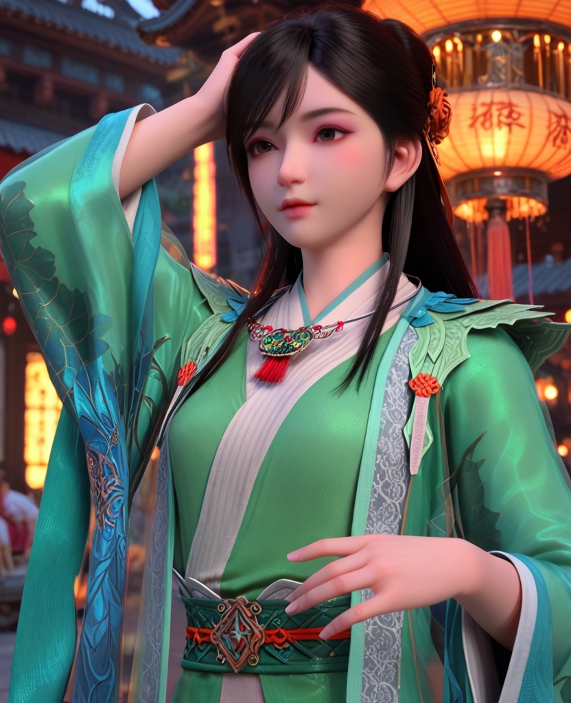 (oriental architecture, elegant decor, sophisticated style:1.1),((breasts):1.1),(breasts:1.2),<lora:XL少年歌行叶若依:0.95>,miss yeruoyi,green dress,see-through robe,necklace,black hair,long hair,gray eyes,hair ornament,floral print,bangs,sash,hair bun,lips,, score_9,score_8_up,score_7_up,score_6_up,score_5_up,score_4_up,3d rendering,tag1,tag2, Cinematic Lighting,backlighting,