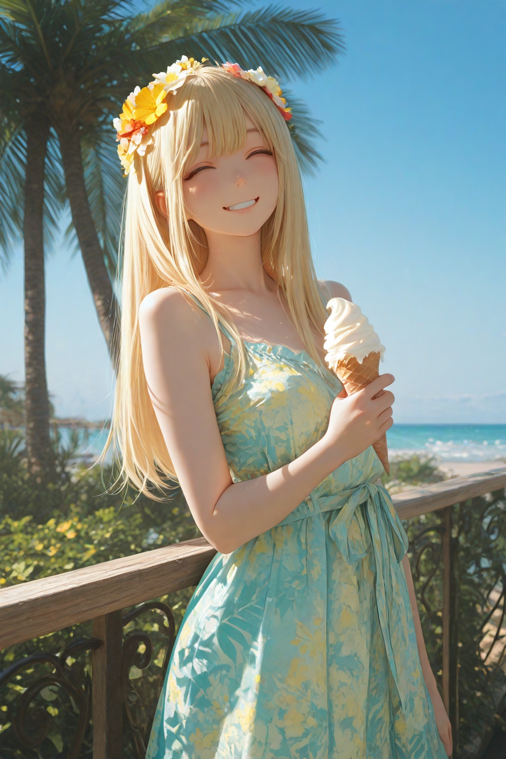 masterpiece, best quality, amazing quality, very aesthetic, absurdres, highres, newest, 2024, HDR, 8K, high detailed, detailed background, subtle lighting, masterful shading,1gilr, long hair, straight hair, blonde hair, smile, holding an ice cream cone in her hand and smiling, outdoors, set outside a cafe, blue sky, coastline, palm tree, She has a flower on her head and is wearing a colorful dress, summer dress, upper body, cowboy shot,
