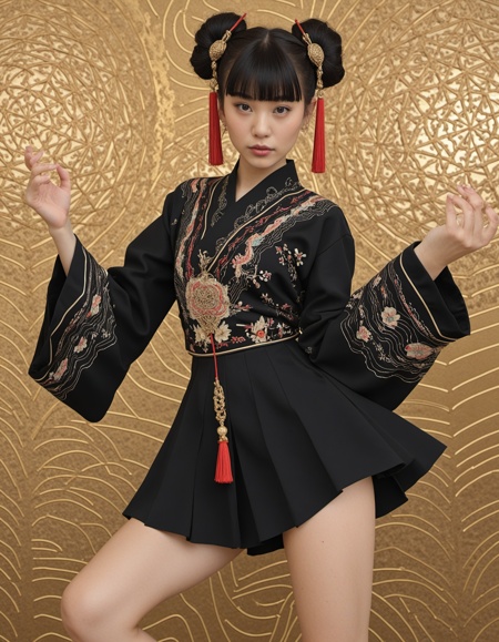 1girl, black hair, hair bun, double bun, blunt bangs, ribbon, tassel hair ornament, dynamic pose, abstract background, (4k, detailed, intricate details, best quality, amazing quality, masterpiece)