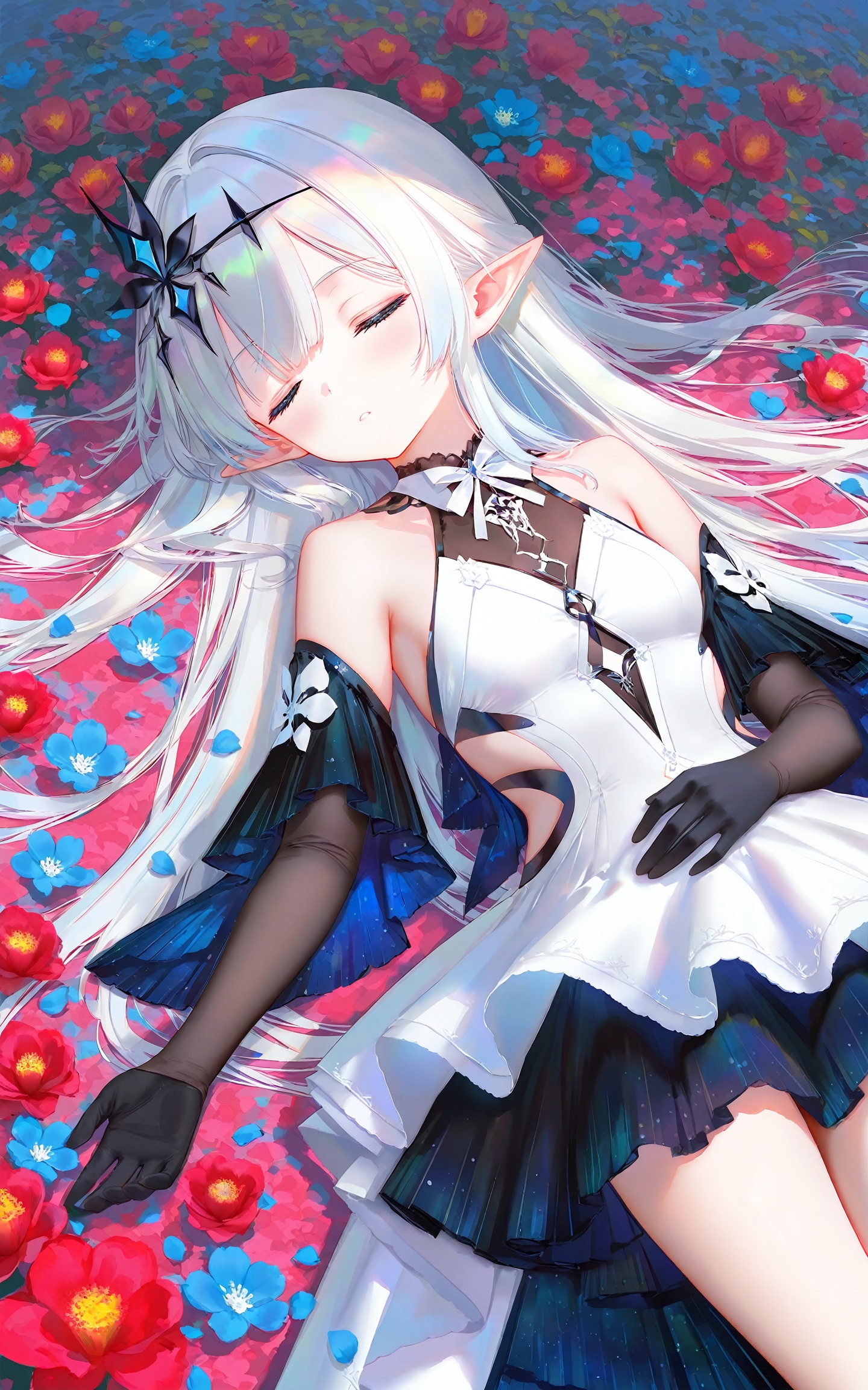 1girl, solo, long hair, gloves, dress, bare shoulders, closed eyes, flower, white hair, lying, detached sleeves, pointy ears, white dress, sleeping, (wlop:0.8),((artist:reoen),(artist:fuzichoco),(artist:atdan),(artist:torino_aqua),year 2024:0.8),[artist:wlop],[artist:ningen_mame],artist:ciloranko,[[artist:rhasta]],artist:tidsean,colorful,best quality,very aesthetic,absurdres,32K UHD,sharp focus,best-quality,Emotionalization,temperate atmosphere,with a high-end texture,in the style of fashion photography,Dynamic, dynamic force picture, (Visual impact:1.2),impactful picture