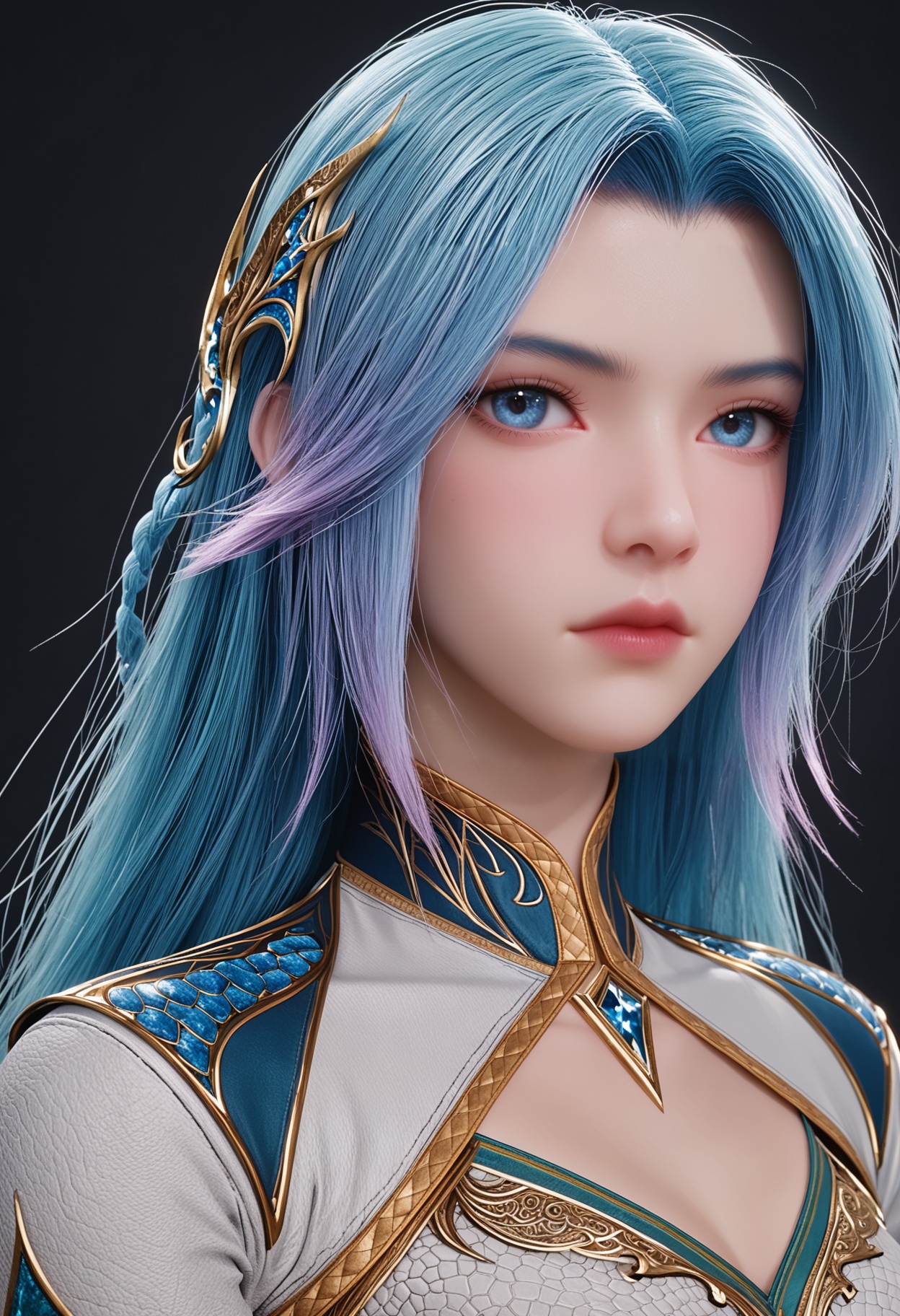 perfect_anatomy,score_9,(upper_body:1.1),looking_at_viewer,<lora:YQ_pony_wangqiuer_V3:0.8>,q1528437228,1girl,solo,long hair,blue hair,blue eyes,breasts,dress,hair ornament,realistic,white dress,lips,multicolored hair,perfect_anatomy BREAK perfect_anatomy,simple background,black background,(shiny_skin),(Ivory_skin:1.1),(cinematic lighting),