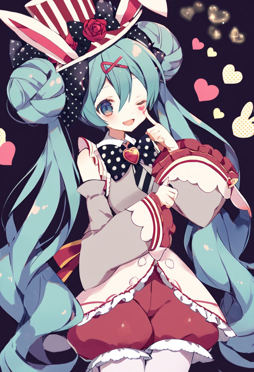 masterpiece, best quality,1girl, hatsune miku,  hat, one eye closed, long hair, bow, open mouth, very long hair, animal ears, twintails, smile, hair bow, shirt, detached sleeves, top hat, vertical stripes, striped, hair ornament, blue eyes, ;d, rabbit ears, flower, puffy shorts, index finger raised, green hair, frills, black bow, looking at viewer, bangs, rose, grey shirt, solo, skirt, hair between eyes, pantyhose, blush, character name, stuffed bunny, collared shirt, striped headwear, puffy sleeves, rabbit, sleeveless shirt, polka dot, hairclip, heart, stuffed toy, blue hair, frilled sleeves, shorts, hair bun, double bun, heart facial mark, x hair ornament, facial mark, hand up, red feathers, fake animal ears, stuffed unicorn, striped clothes, feathers, red shorts, necktie, hand on own cheek, sleeveless, polka dot bow, black background, hand on own face <lora:yumenouchiXLlokr-000049:1>