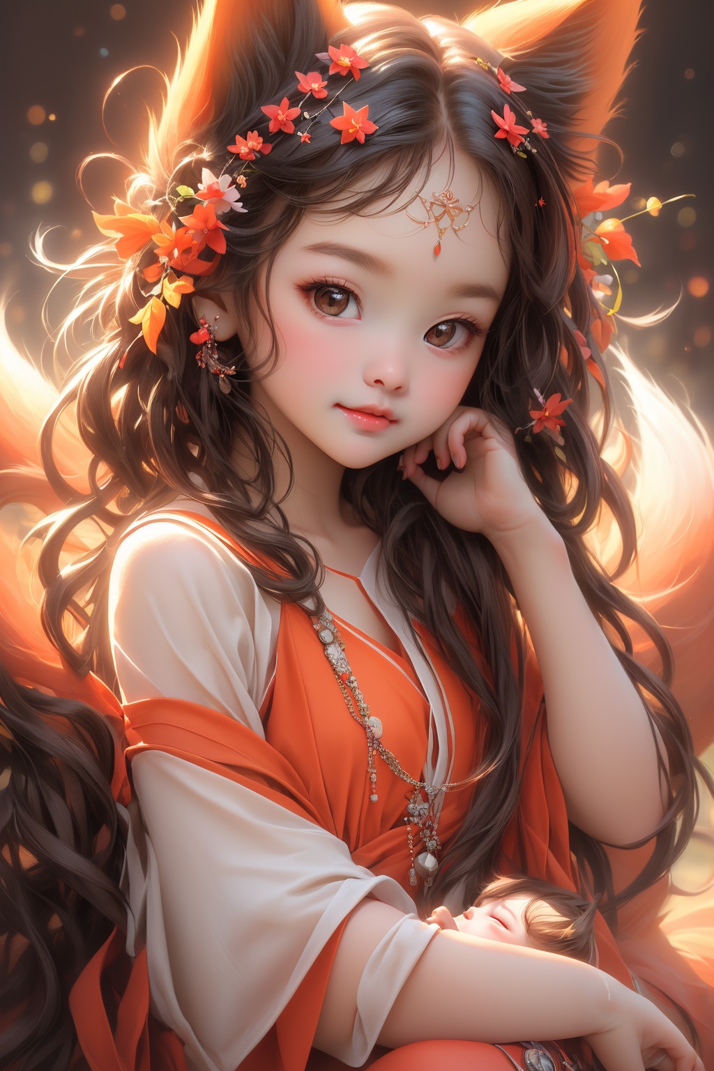 (masterpiece, top quality, best quality, official art, beautiful and aesthetic:1.2),1girl,((baby face)),chibi,super cute,upper body,sit,cherry,orange nail tails,fox ear,super realistic,super details ,<lora:狐女-000003:0.8>