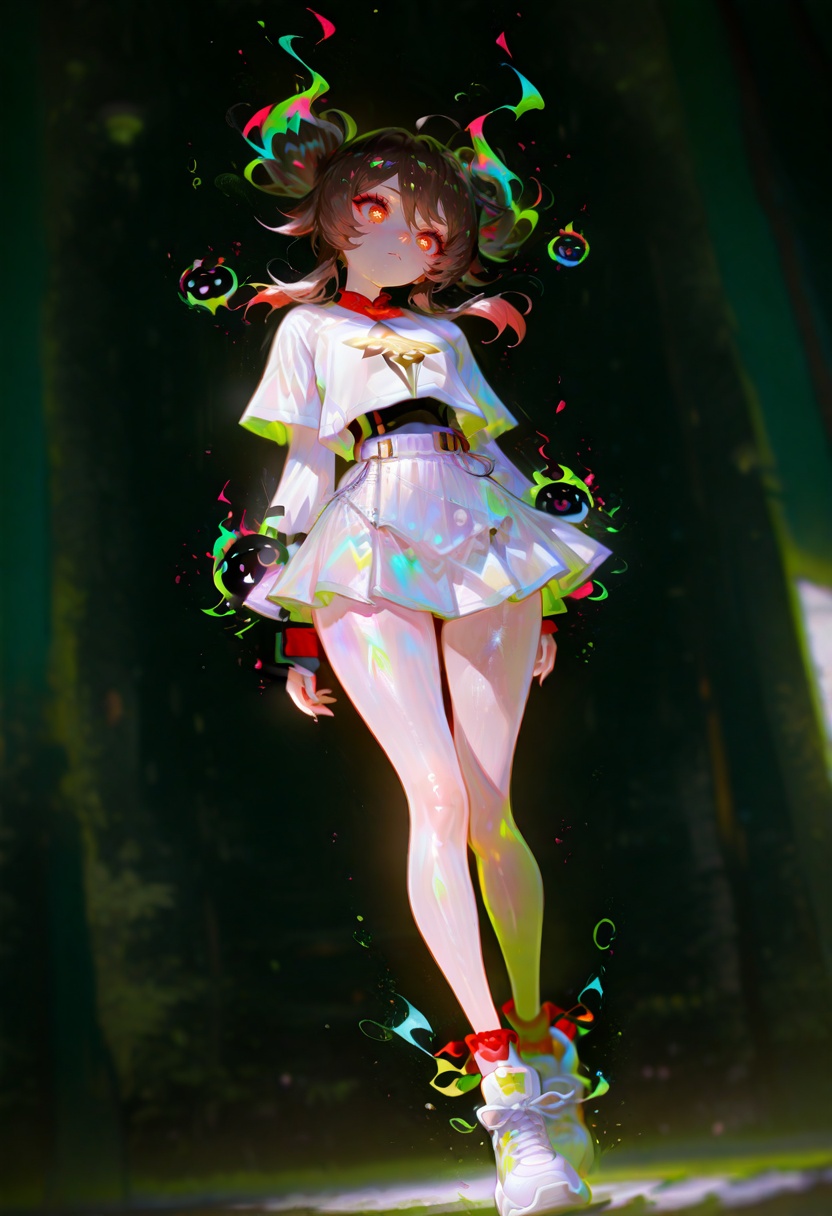 best_quality,masterpiece,cute painting style,perfect body,wide hips,slim waist,thin legs,thin waist,full body,shiny skin,hu_tao_(genshin_impact),Adidas T-shirt,miniskirt,White Adidas sneakers,depth of field,dutch angle,photorealistic,shiny skin,vibrant,(distant shot:1.2),masterpiece,best quality,amazing quality,very aesthetic,absurdres,newest,volumetric lighting,looking at viewer,8k,dynamic angle,illustration,intricate details,Dark Green background,dynamic posing,vibrant illustration,fashion details,(floating a chibi character:1.2),wearing matching colors,long_legs,longeyelashes,closed mouth,