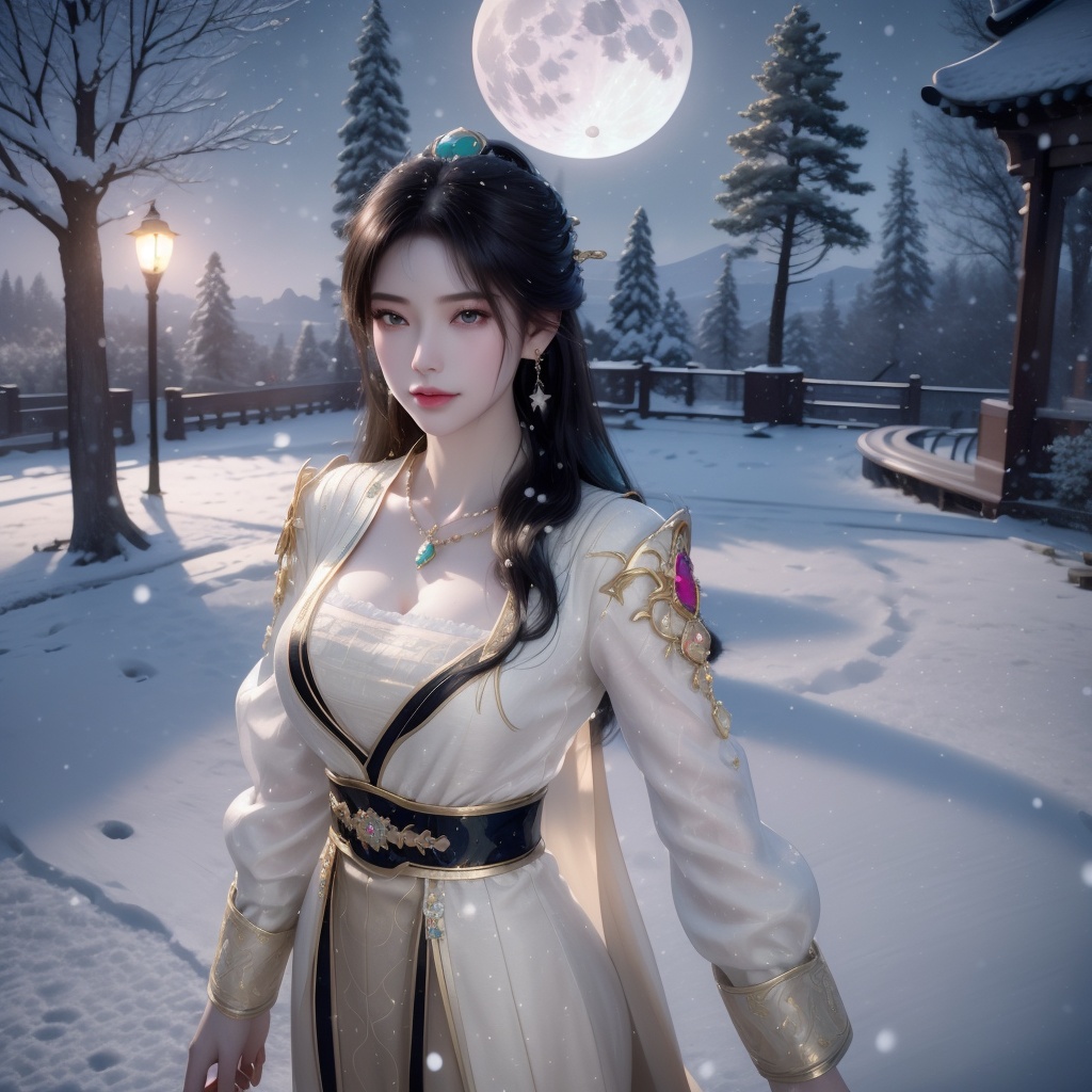 <lora:遮天-瑶曦:0.8> (,1girl, ,best quality, ),looking at viewer,  ultra realistic 8k cg, picture-perfect face,   clean, masterpiece,     cinematic lighting, cinematic bloom, fantasy,  , unreal, science fiction, ((,1girl, pov,))(((,tree, 1girl, full moon,snowing,snow ,solo,     solo focus,  long_hair, looking_at_viewer,  )))  (rich:1.4,)     prestige, luxury, jewelry, diamond, gold, pearl, gem, sapphire, ruby, emerald, intricate detail, delicate pattern, charming, alluring, seductive, erotic, enchanting, hair ornament, necklace, earrings, bracelet, ,