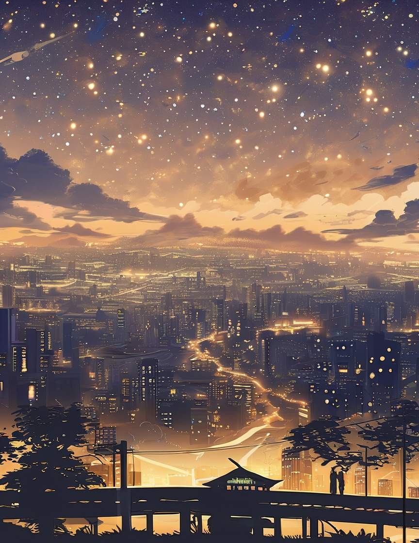 masterpiece, best quality, scenery, no humans, sky, star \(sky\), night, cloud, tree, night sky, starry sky, city,<lora:XL_ColorBGV1.0:0.8>