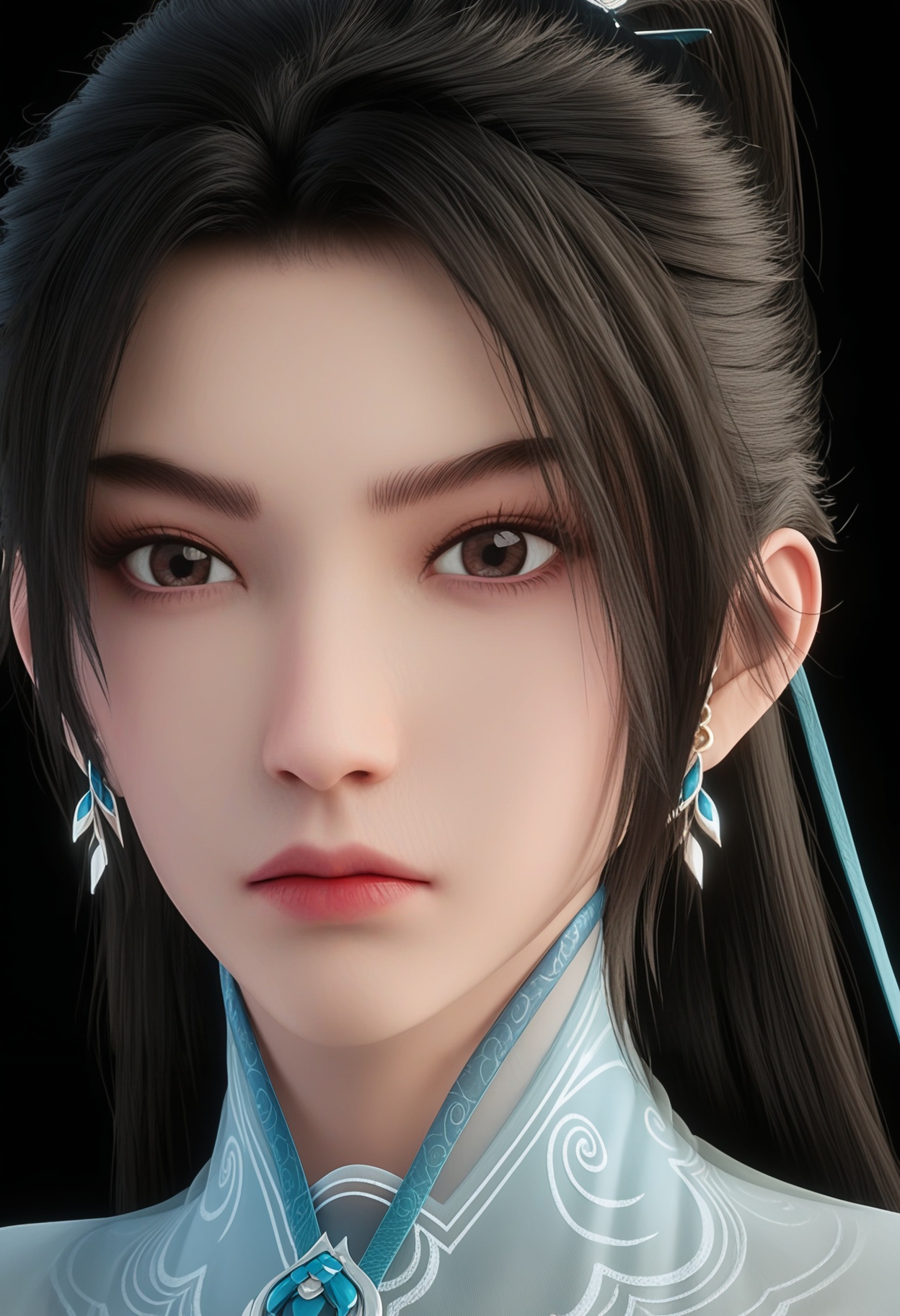 (upper_body:1.2),score_9,score_8_up,masterpiece,(best quality),intricate details,1girl,facing viewer,(looking at viewer:1.1),<lora:YQ_pony_ningyao3.0_V6:0.95:lbw=1,1,1,1,1,1,1,1,1,0.8,0.8,0.1>,q1528437228,1girl,solo,long hair,jewelry,earrings,chinese clothes,white dress,ponytail,black hair,long sleeves,brown hair,hair ornament,brown eyes,black footwear,pants,hair bun,sheath,hair ribbon,BREAKscore_9,score_8_up,masterpiece,(best quality),perfect anatomy,(hourglass),perfect face,(simple background,pure black background,black background:1.1),fair_skin,shiny_skin,Ivory_skin,