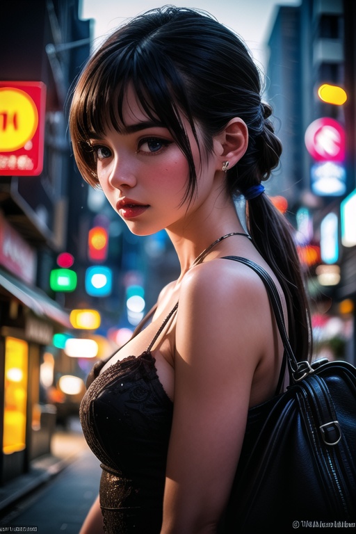 Tilt-shift photo of 1girl,  Tokyo street,  night on Tensor.Art