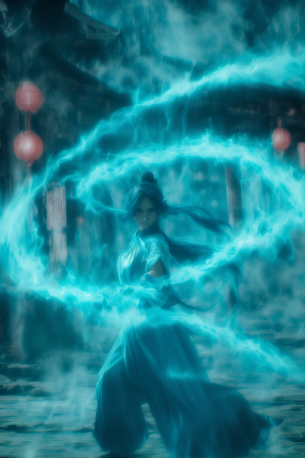 fighting stance,dancing,ancient-costume,cyan-aura,using cyan-magic,cyan-magic,1girl,solo,long hair,blue eyes,<lora:magic_fighting_cyan_512_dreamshaper_8_3:1:lbw=test>,