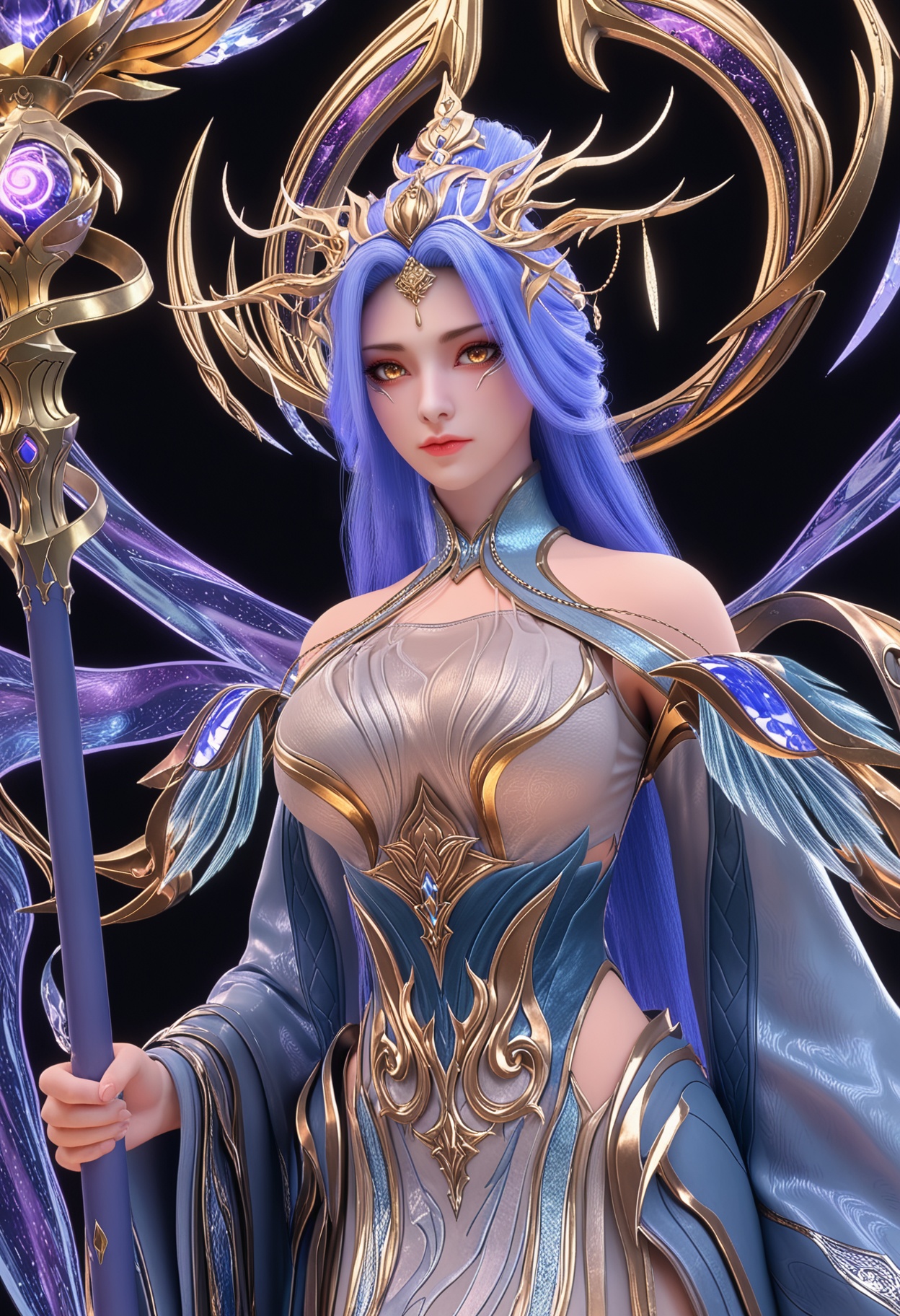 score_9,looking_at_viewer,upper body,(large breasts:0.8),zetiannvdi,1girl,solo,long hair,blue hair,hair ornament,dress,closed mouth,staff,long sleeves,bare shoulders,holding staff,detached sleeves,yellow eyes,wide sleeves,makeup,(simple background,pure black background,black background:1.1),perfect_anatomy,<lora:QQSponyzetiannvdiV1:0.8>,