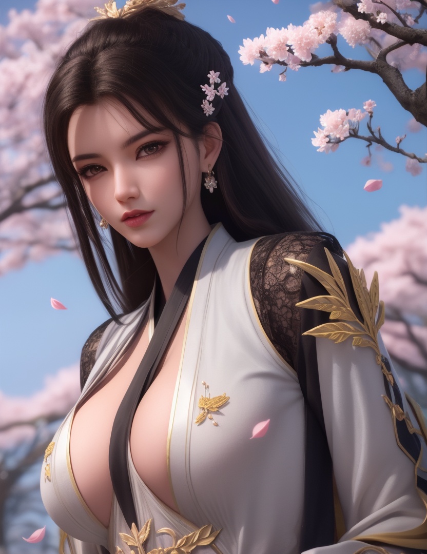 ultra realistic 8k cg, picture-perfect face, flawless, clean, masterpiece, professional artwork, famous artwork, cinematic lighting, cinematic bloom, perfect face, beautiful face, fantasy, dreamlike, unreal, science fiction, huge breasts, beautiful clothes, lace, lace trim, lace-trimmed legwear,  (rich:1.4), prestige, luxury, jewelry, diamond, gold, pearl, gem, sapphire, ruby, emerald, intricate detail, delicate pattern, charming, alluring, seductive, erotic, enchanting, hair ornament, necklace, earrings, bracelet, armlet,halo((,1girl, pov,))(((cherry_blossoms, branch, 1girl, tree, spring_\(season\), solo, petals, black_hair, japanese_clothes,looking at viewer, )))     <lora:DA_YueYaoMenswear:0.6>