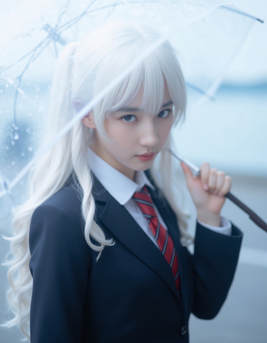 The image shows a person with long,  flowing white hair,  wearing a dark school uniform with a white shirt and a red-strip...