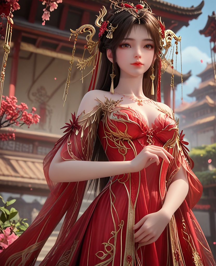 (oriental architecture, elegant decor, sophisticated style:1.1),making sandcastles,(breasts:1.2),<lora:XL16完美世界火灵儿婚服:0.95>,chinese bride,red corset gown,brown eyes,black hair,hair ornament,half-up crown braid with long cascading hair,jewelry,earrings,wide flowing sleeves,see-through,, zPDXL2, score_9, score_8_up, score_7_up BREAK realistic, masterpiece,best quality, highly detailed,, zPDXL3, zPDXL2,zPDXL, zPDXLxxx, zPDXLrl,