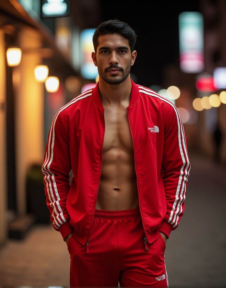 Harman Singha ,  realistic photo in a worn ((skin-revealing skimpy erotic red tracksuit. massive pecs)). big pecs. big arm...