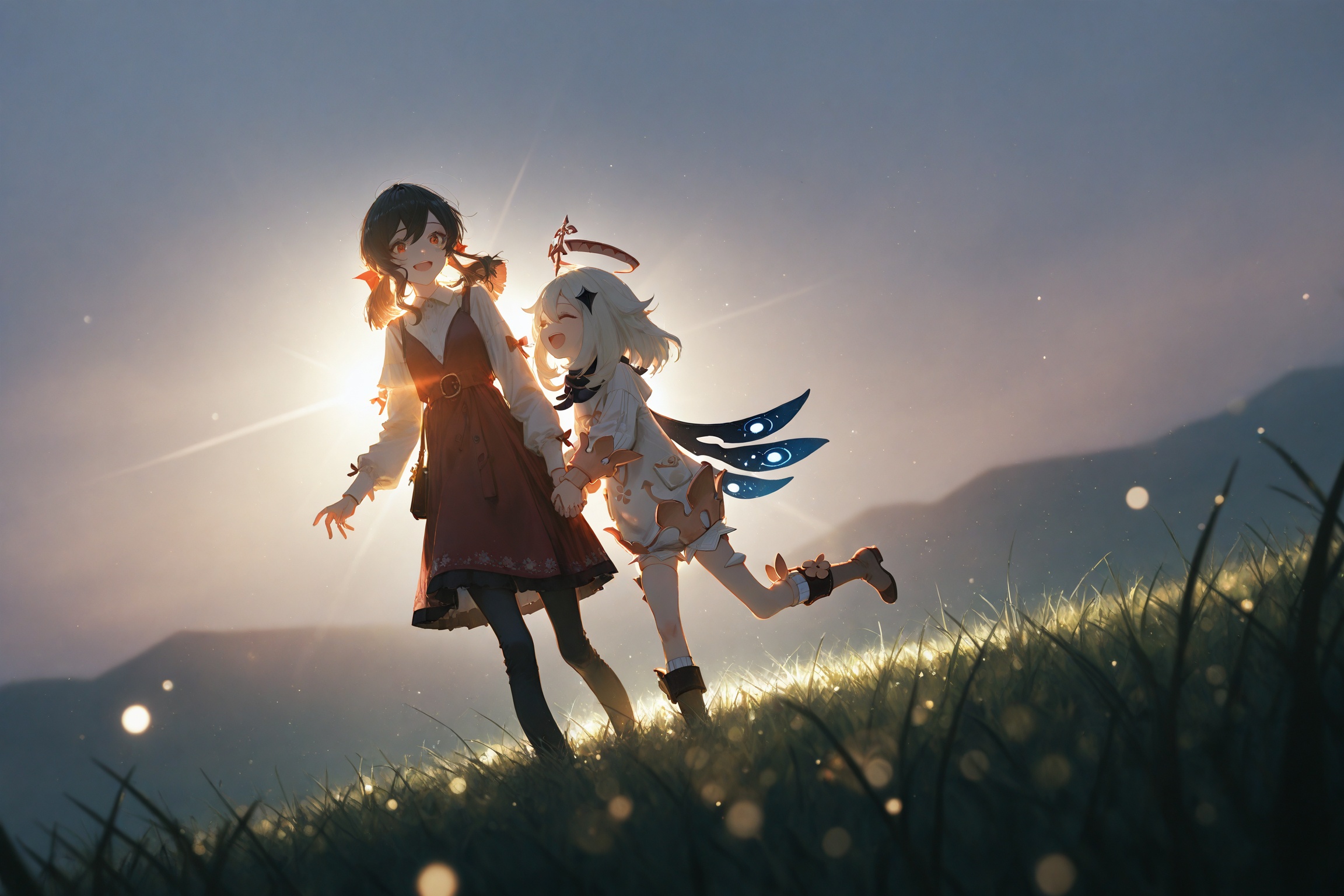 masterpiece,best quality,amazing quality,very aesthetic,absurdres,newest,extreme aesthetic,in the style of fashion photography,light particles,cinematic lighting,Visual impact,sharp focus,Emotionalization,depth of field,dutch angle,scenery,(dino_(dinoartforame):0.5),(yoneyama mai:0.5),(Yomu:0.3),(quasarcake:0.4),(wlop:0.3),1girl,paimon \(genshin impact\),genshin impact,2girls,klee \(genshin impact\),genshin impact,two girls hand in hand happy running on the grass,