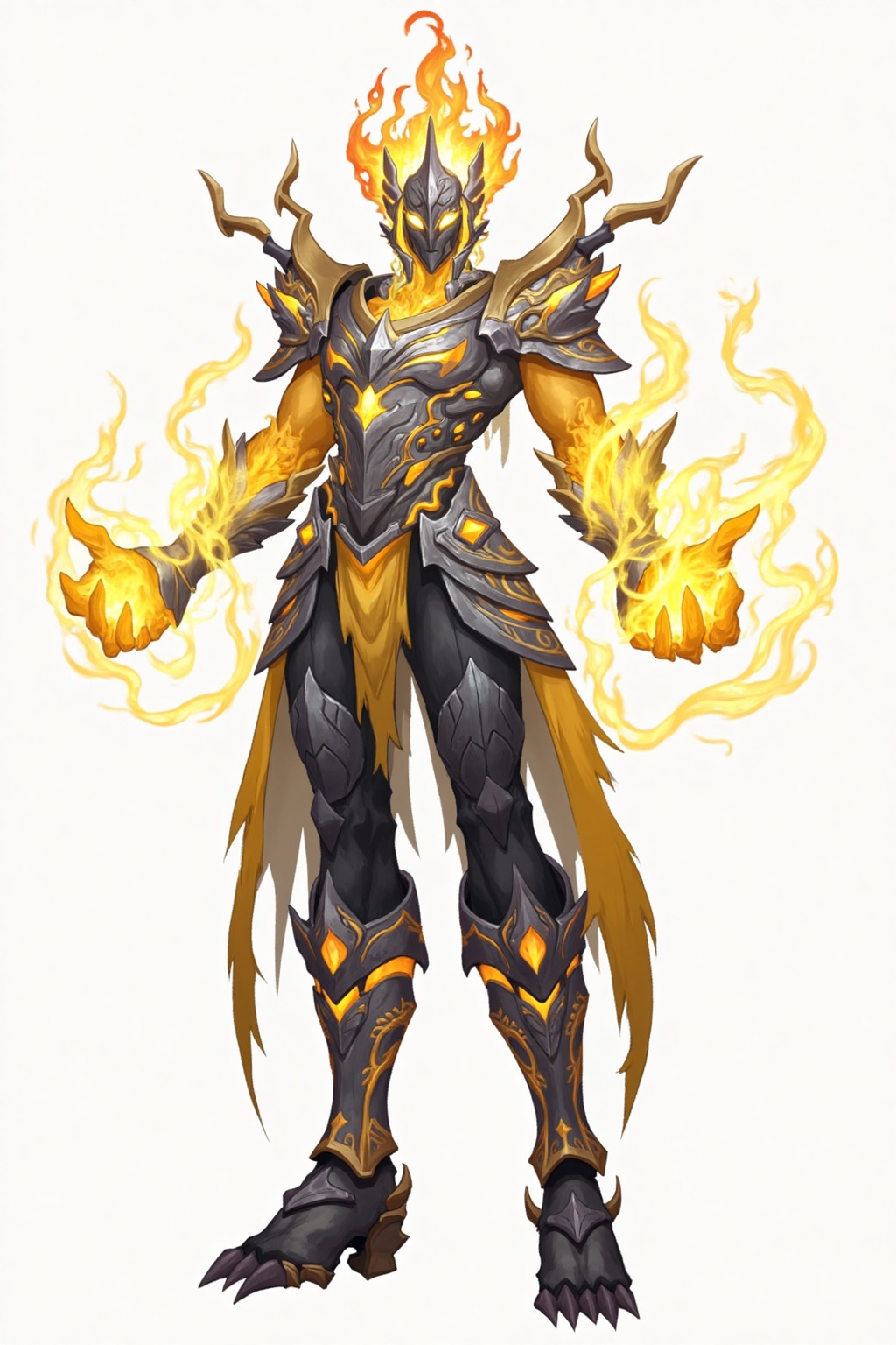 ,HEZI,Elemental Spirit,Character design,full body,white background,game character,Light Texture,Water Ripple Texture,Flame Texture,Wave texture,Flame Arm texture grey background,armor,solo,male focus,glowing,simple background,shoulder armor,chain,gauntlets,glowing eyes,fire,pauldrons,helmet,standing,full body,claws,
