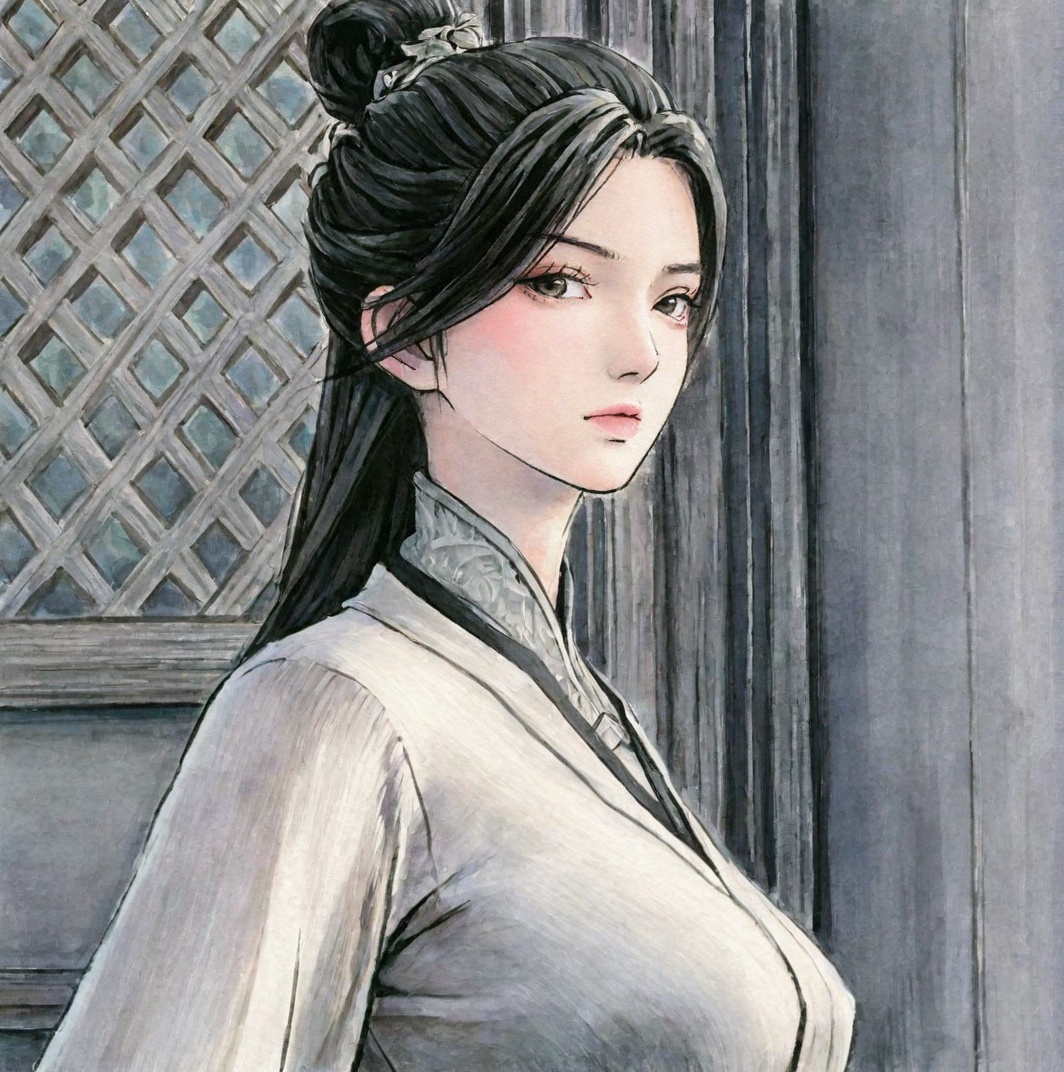 ((very awa)),solo,highly detailed,(best quality),((masterpiece)),1girl,chi,<lora:chi正则100nbXL:0.6>,painting \(medium\),traditional media,watercolor \(medium\),looking_at_viewer,<lora:陈对nbXL:0.9>,chendui,black hair,long hair,hair bun,upper_body,large breasts,
