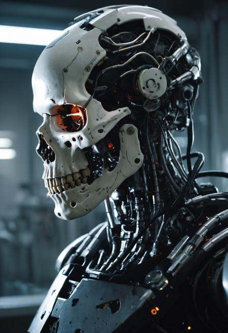 Cyberpunk, sci-fi, dark-fantasy, kodak portrait 400, 8k, soft light, volumetric lighting, highly detailed, britt marling style 3/4, portrait photo of a war man cyborg robot in a chemical laboratory + face, face is skullbone with scares, intricate, elegant, highly detailed, devil-armor, 2D motifs detailed dark fantasy digital painting, artstation, concept art, smooth, sharp focus, illustration, art by Otomo Katsuhiro and ShirÅ Masamune and Oshii Mamoru. Cosmic light in backfront 