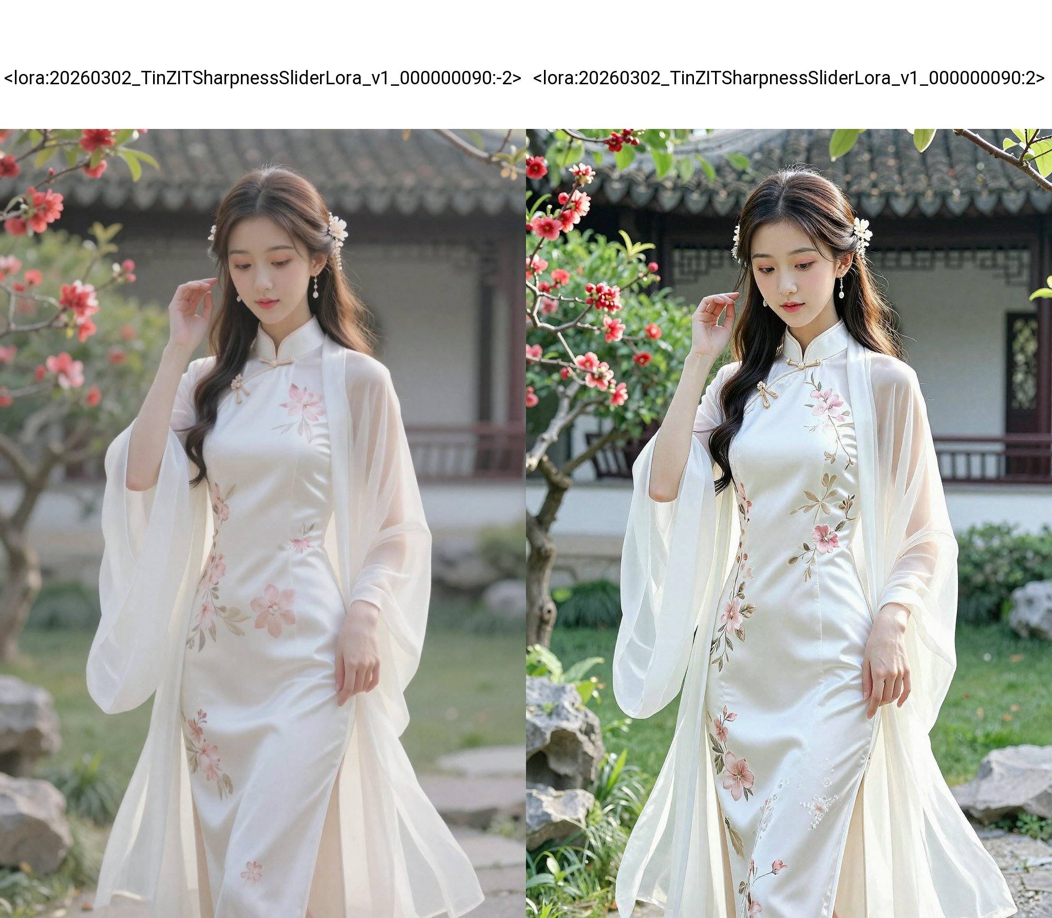 <lora:20260302_TinZITSharpnessSliderLora_v1_000000090:-2>, This photograph captures a young Asian woman standing in a serene garden setting, bathed in soft, natural light. She has long, wavy dark brown hair adorned with delicate floral hair accessories. Her complexion is fair, and her makeup is subtle yet elegant, featuring soft pink lipstick and light eye shadow. She is dressed in a traditional Chinese outfit, known as a qipao, which is a form-fitting dress with a high collar and long sleeves. The dress is predominantly white with delicate floral embroidery in shades of pink and beige, adding a touch of elegance and femininity.Her qipao is paired with a matching sheer, white overcoat that flows gracefully, accentuating the outfit's fluidity. The fabric appears to be a blend of silk and chiffon, giving it a soft, luxurious texture. She holds her right hand delicately near her face, while her left hand rests by her side. The background features a traditional Chinese garden with blooming red flowers and green foliage, and a classical building with a tiled roof, contributing to the cultural and historical context of the image. The overall mood is serene and graceful, capturing a moment of tranquility and beauty.