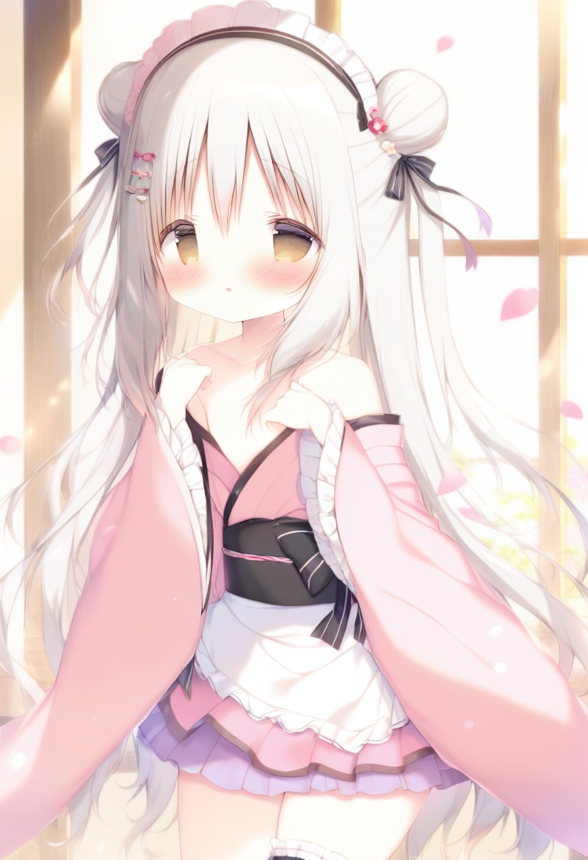 loli, 1girl, (shiratama (shiratamaco)),1girl, solo, kimono, japanese clothes, apron, frilled apron, long hair, white apron, pink kimono, blush, looking at viewer, frills, waist apron, very long hair, long sleeves, off shoulder, parted lips, bangs, sash, maid headdress, hair between eyes, brown eyes, hair bun, wa maid, double bun, frilled kimono, :o, obi, wide sleeves, petals, hands up, bare shoulders, pink flower, flower, heart, frilled sleeves <lora:baiyu-000016:1>, masterpiece, best quality