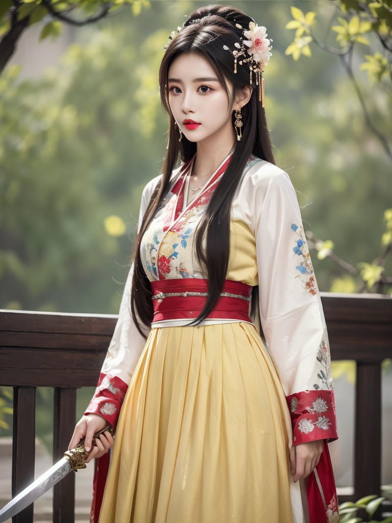(best quality, masterpiece:1.4),hyper-realism,highly detailed information,(lifelike:1.3),1 girl,weapon,sword,unique design,sharp blade,metallic texture,reflected light,posture holding sword,power and elegance,solo,focused expression,long hair,flowing hair,hair accessories,exquisite hair accessories,integrated with hair,jewelry,gorgeous necklace,bright bracelets and earrings,brown hair and black hair interlaced,checkered background,retro feeling,super long hair,up to the waist,petals,falling petals,surround the girl,increase the sense of dream,Chinese clothes,silk texture,exquisite embroidery,traditional clothing elements,brown eyes,deep eyes,arm muscle lines holding swords,clearly visible,exquisite bracelet details,earrings swaying posture,increase the dynamic sense,high resolution,ray tracing,enhance the sense of reality.,