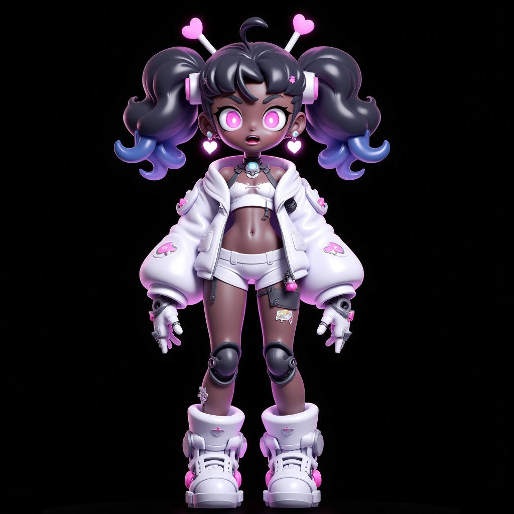 hezi, 3d, Bubble Mart, rich color, q version, 1girl, solo, dark-skinned female, pink eyes, dark skin, boots, black background, symbol-shaped pupils, antennae, twintails, full body, black hair, joints, heart, earrings, heart-shaped pupils, android, shorts, simple background, looking at viewer, long sleeves, standing, glowing, white footwear, jewelry, white jacket, thick eyebrows, puffy sleeves, puffy long sleeves, open mouth, grey footwear, jacket, very dark skin, gloves, blue hair, sleeves past wrists, robot, shoes, parted lips, glowing eyes, robot joints, arms at sides, white shorts, navel, fingerless gloves, short eyebrows, curly hair, short hair, cyborg, science fiction