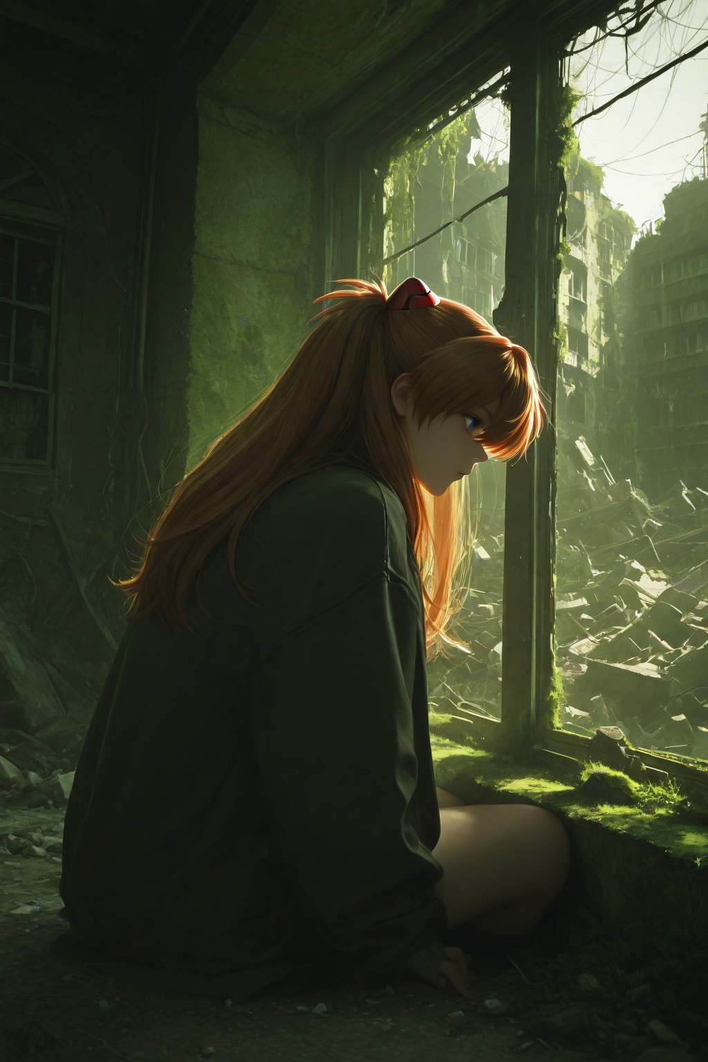 masterpiece,best quality,amazing quality,very aesthetic,absurdres,newest,highres,knva,retro artstyle,bloom,high contrast,detailed texture,souryuu asuka langley,1girl,solo,low light,jacket,upper body,rubble_ruins,moss,window,the sun shines through the window,ray tracing,from side,sitting on the ground by the window,