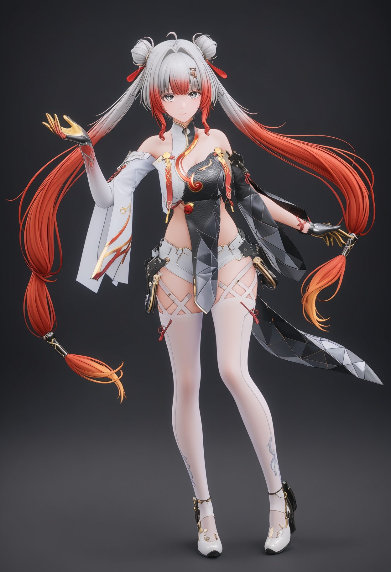 (standing full_body:1.1),score_9,score_8_up,masterpiece,(best quality),intricate details,facing viewer,(looking at viewer:1.1),<lora:YQ_pony_bubu_V4:0.8>,q1528437228,1girl,solo,red hair,multicolored hair,grey hair,long hair,hair ornament,gradient hair,hair bun,double bun,chinese clothes,twintails,grey eyes,dress,detached sleeves,gloves,hair intakes,thighhighs,white pantyhose,white thighhighs,shorts,high heels,two-tone hair,pelvic curtain,thighs,white shorts,BREAKscore_9,score_8_up,masterpiece,(best quality),perfect anatomy,(hourglass),perfect face,(simple background,pure black background,black background:1.1),fair_skin,shiny_skin,Ivory_skin,