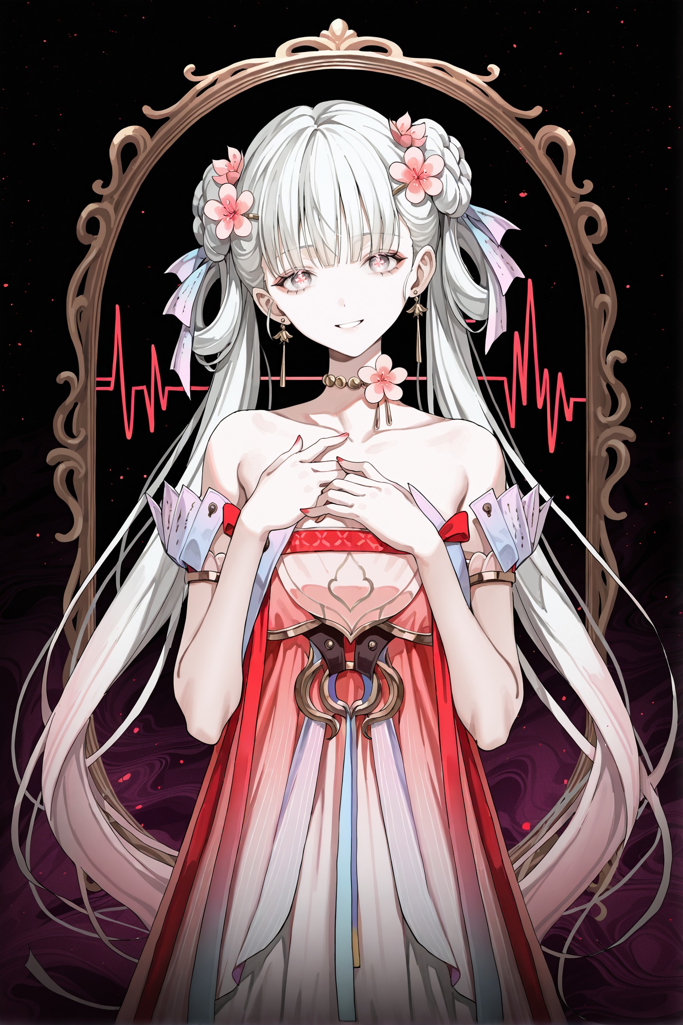 horror \(theme\),picture frame,glitch,background of eyes,abstract,(disembodied_eye:1.3),upper body 1girl,yandere,smile,(cardiogram:1.2),hand on chest,grabbing own chest,hmmonitoring,twintails,(dark:1.1),darkness,black,surreal,multicolor,iridescent,(square panel:0.65),(corner pattern:0.75),spotlight,(tidsean:0.9),(misyune:1.1),wanke,(reoen:0.9),(rei \(sanbonzakura\):0.9),suihei sen,tekito midori,<lora:jxnew-noob-Tanger-000014:0.8>,jinhsi,jinhsi \(peach blossom\) \(wuthering waves\),(clothes:peach blossom pink dress,alternate costume,bare shoulders:1.2),flower-shaped pupils,1girl,hair ornament,hair flower,twintails,bangs,jewelry,very long hair,