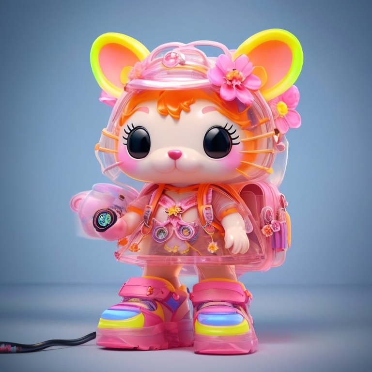 arttoy,Realistic 3d cartoon style rendering, girl, spring trend fashion clothing,candycolor clothes, Clear backpack filled with flowers,new pop portrait, fashion illustration,vibrant colors, neon realism, made by POP-Mart, glossy and delicate, Full Body Effect,clean background, 3d rendering, OC rendering,8K<lora:arttoy-000006:0.8>