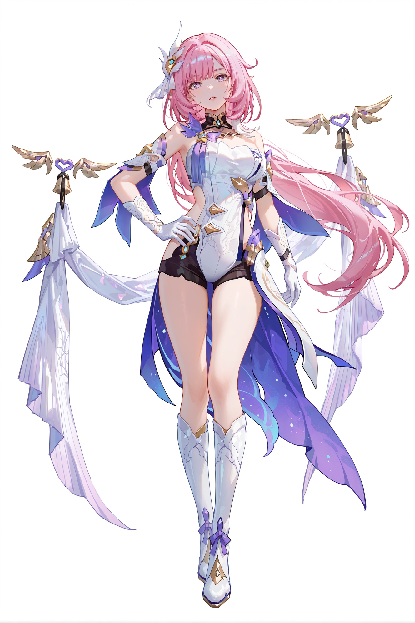 8k,best quality,masterpiece,(ultra-detailed),(high detailed skin),((artist:reoen),(artist:fuzichoco),(artist:atdan),(artist:torino_aqua),year 2024:0.8)1girl,[artist:wlop],[artist:ningen_mame],artist:ciloranko,[[artist:rhasta]],artist:tidsean,colorful,full body,full shot,standing,(solo:1.2),simple background,(white background:1.2),hand on own hip,(white background:1.1),looking at viewer,<lora:Elysia-ill-Tanger:0.9>,elysia \(honkai impact\),Elysiaren,clothes: Elysiaren white-and-purple dress,double  Elysiaren floating bells,1girl,pink hair,long hair,white gloves,bangs,Elysiaren boots,bare shoulders,white footwear,Elysiaren hair ornament,