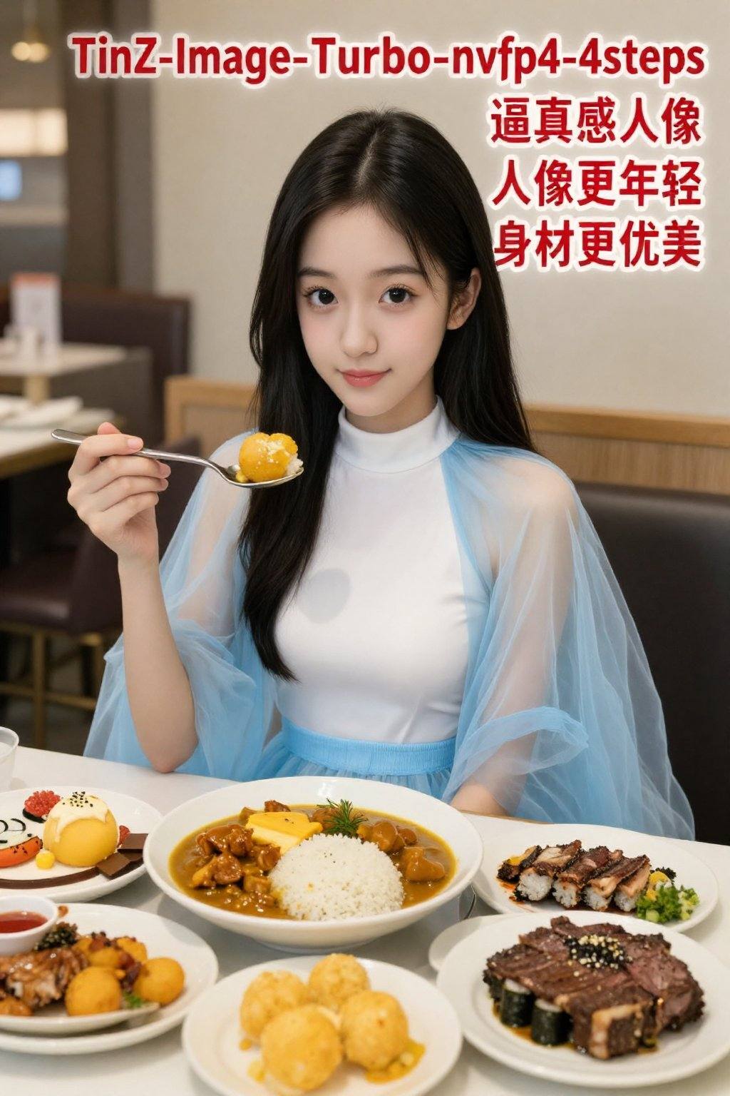 一位大约18岁的年轻亚裔女性坐在桌旁,  面向观众。她留着黑色长发,  皮肤白皙 on Tensor.Art