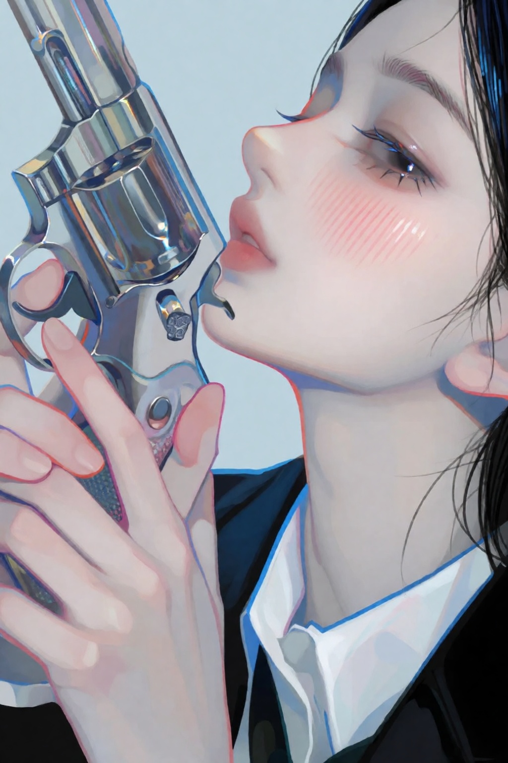 A pale blushing woman with dark hair and closed eyes is shown in a close-up profile from the chest up,  her head tilted ba...