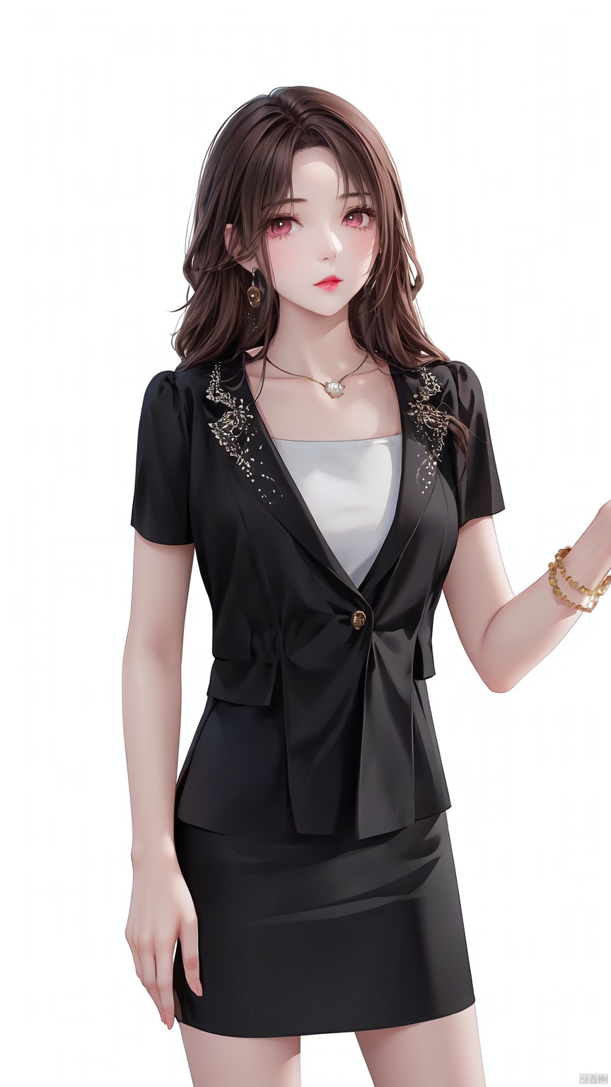 1girl, solo, long hair, looking at viewer, skirt, simple background, brown hair, black hair, white background, jewelry, short sleeves, cowboy shot, earrings, black skirt, necklace, bracelet, formal, pencil skirt, Pink lips——Clear hand contour,Hand intact,Five fingers of the hand are clear, loli, ((poakl))<lora:EMS-93-EMS:0.800000>, <lora:EMS-254762-EMS:0.500000>, <lora:EMS-346315-EMS:0.800000>