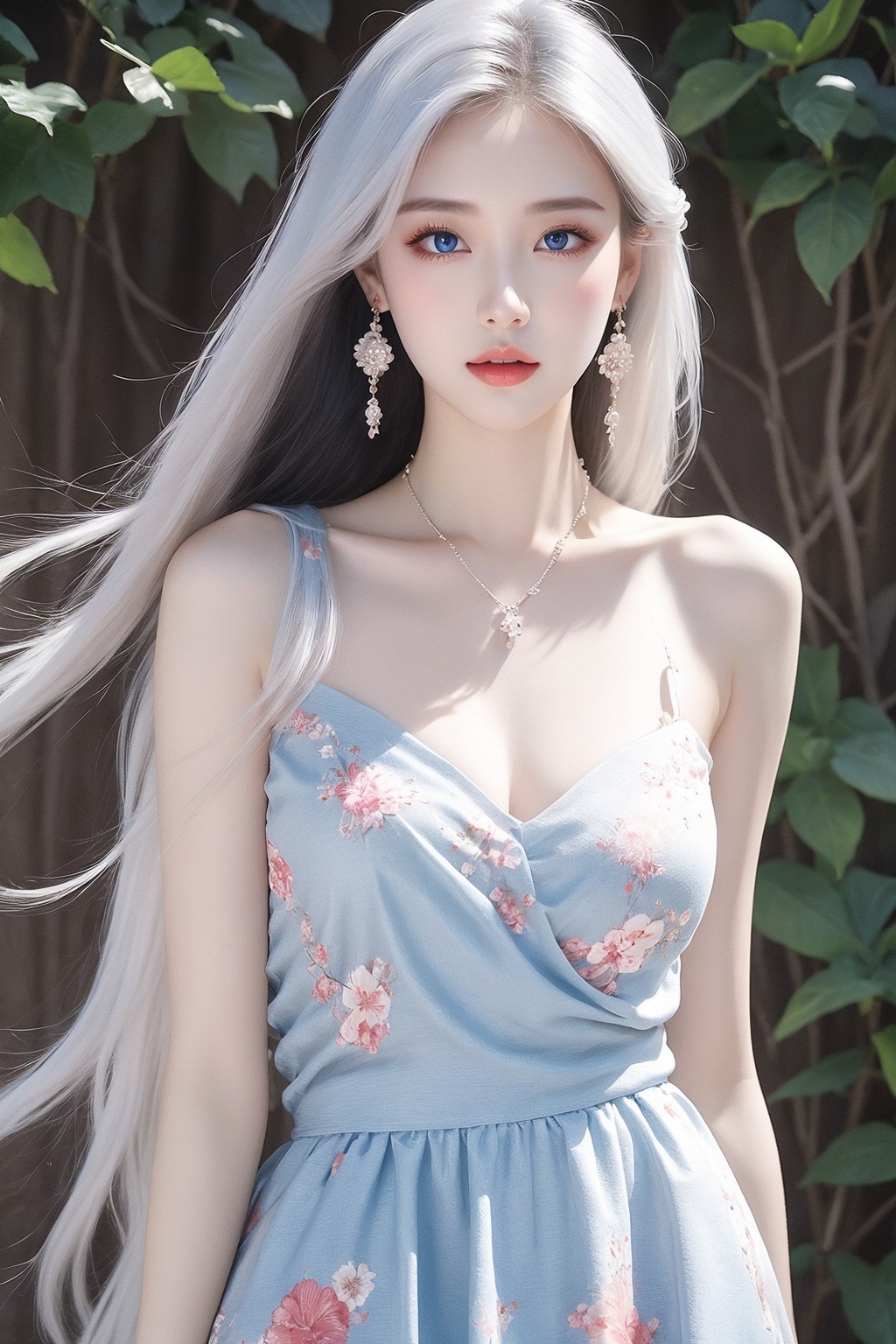 1girl, bare shoulders, blue eyes, bracelet, breasts, cleavage, dress, earrings, floral print, jewelry, long hair, looking at viewer, medium breasts, necklace, solo, very long hair, white hair <lora:美女:0.8>