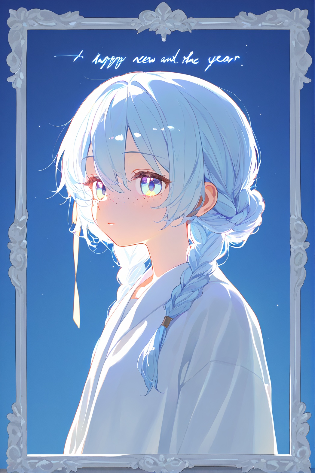 The image presents a serene side profile of a young girl,positioned on the left half of the frame. She sports silky locks with subtly curled ends,adorned with a delicate braid on the left side and loose strands framing her cheeks. Her porcelain-like skin features small freckles scattered across her nose and cheeks,exuding innocence. Large,radiant eyes,enhanced by lush lashes,gaze upward toward the right sky with hope and sincerity,as if praying for the new year's blessings. The pure blue background is bathed in warm,gentle light from the top right corner,creating a dreamy atmosphere. In the upper right corner,elegant glowing text says: ＂ 2025 Happy New Year " against the soft sky,blending seamlessly with the scene.,<lora:电影工坊V3.0:0.6>,<lora:Glitch3-000050:0.2>,