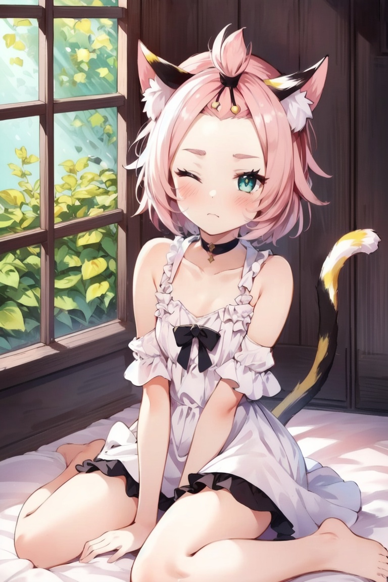 ((HRD, HUD, 8K)),((masterpiece, best quality)), highly detailed,Diona, 1girl, animal ears, solo, tail, cat ears, pink hair, diona (genshin impact), cat tail, one eye closed, barefoot, animal ear fluff, cat girl, sitting, dress, short hair, window, looking at viewer, indoors, wariza, white dress, thick eyebrows, bangs pinned back, bare shoulders, green eyes, collarbone, rubbing eyes, short eyebrows, forehead, blush, closed mouth, <lora:20240701-1719821584874:0.8>