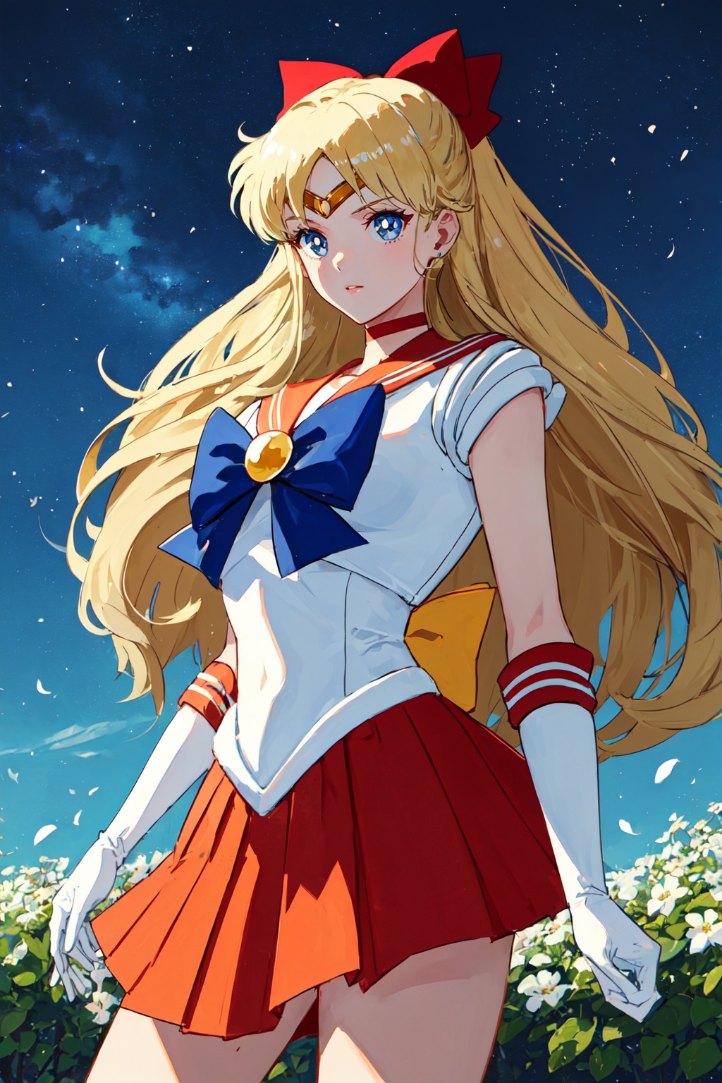 1girl,looking at viewer,solo,long hair,very long hair,blonde hair,blue eyes,choker,tiara,sailor collar,hair bow,bow,gloves,skirt,high heels,sailor senshi uniform,standing,<lora:Minako:0.8>,Minako_CYQL,cowboy_shot,beautiful face,beautiful eyes,glossy skin,shiny skin,Grapevines, Tuscan villa, Vineyard rows, Springtime blooms, Tuscan landscape, Rustic charm,beautiful detailed sky,beautiful detailed glow,posing in front of a colorful and dynamic background,masterpiece,best quality,beautiful and aesthetic,contrapposto,female focus,wallpaper,fashion,