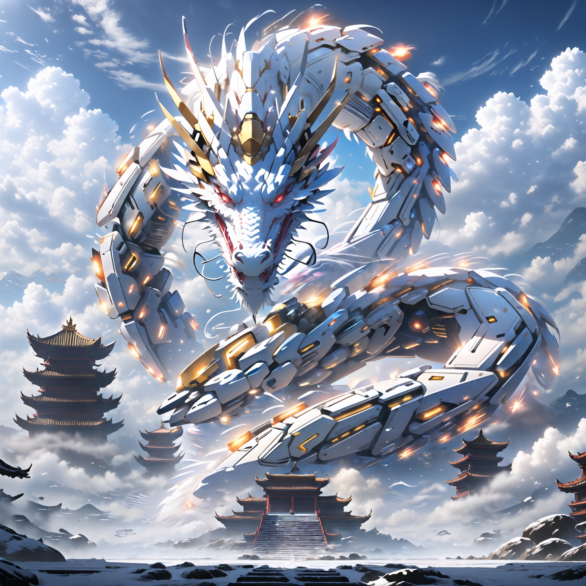 a mecha dragon,<lora:mecha_loong_v1:0.7>,8k,High quality,high quality,morning sunshine,glowing body,mechanical joint,orange led light,high detailed mecha,high-precision mecha,mecha,exoskeleton mechanical armor,mecha dragon,a dragon is flying through the air with clouds in the background and a building in the foreground with a sky background,red eyes,outdoors,horns,sky,growing joint,day,cloud,blue sky,no humans,glowing,cloudy sky,scenery,dragon,architecture,east asian architecture,eastern dragon,pagoda,building,flying,jet device,high detailed,white mecha,HD,black joint,