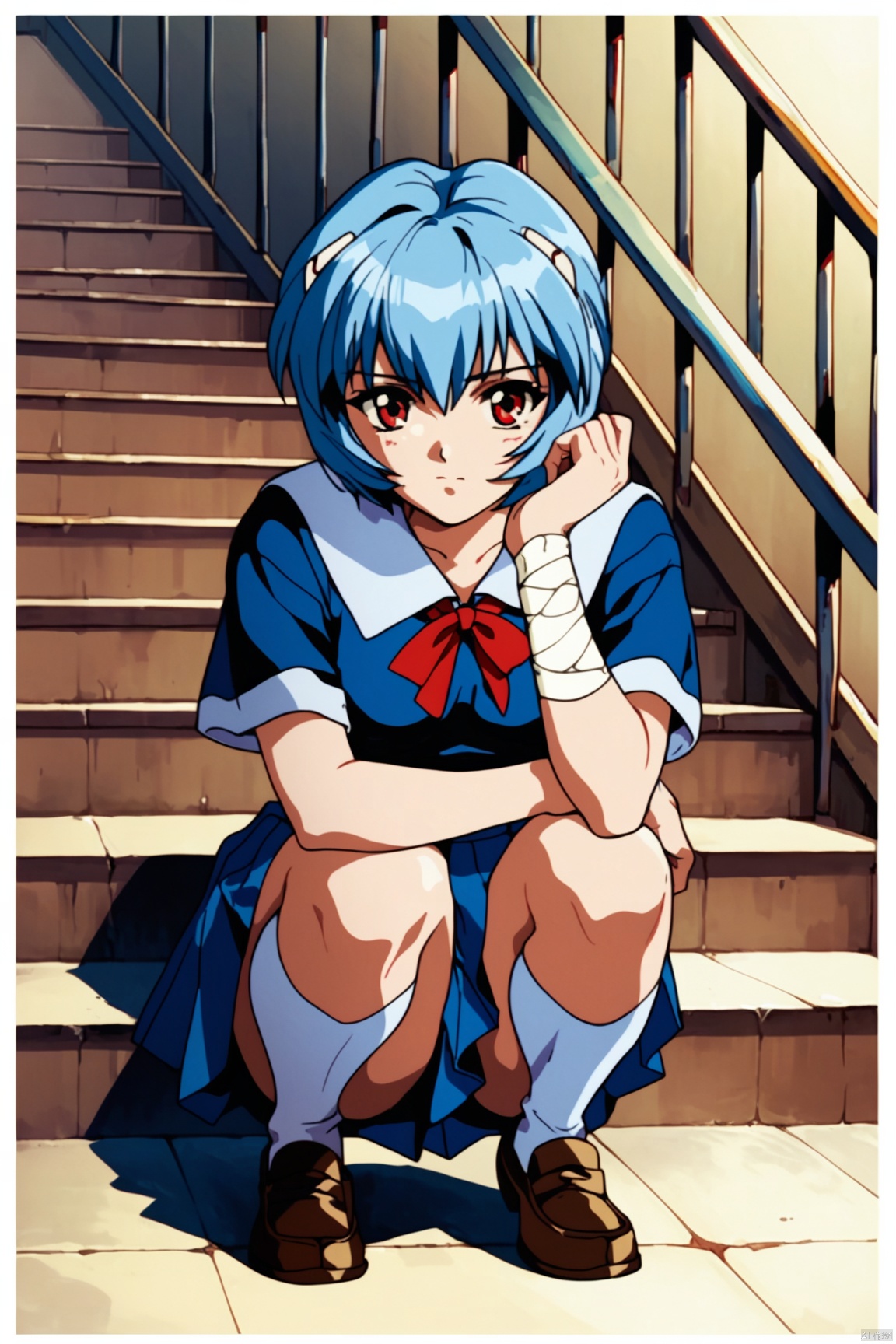 score_9,score_8_up,score_7_up,score_6_up, retro artstyle, 1980s (style),ayanami rei, 1girl, :|, bandaged arm, bandages, blue hair, blue shirt, blue skirt, border, breasts, closed mouth, dated, hair between eyes, knees, loafers, looking at viewer, pleated skirt, red eyes, red ribbon, ribbon, school uniform, shirt, shoes, short hair, short sleeves, skirt, small breasts, socks, solo, squatting, stairs, tokyo-3 middle school uniform, white border, white socks