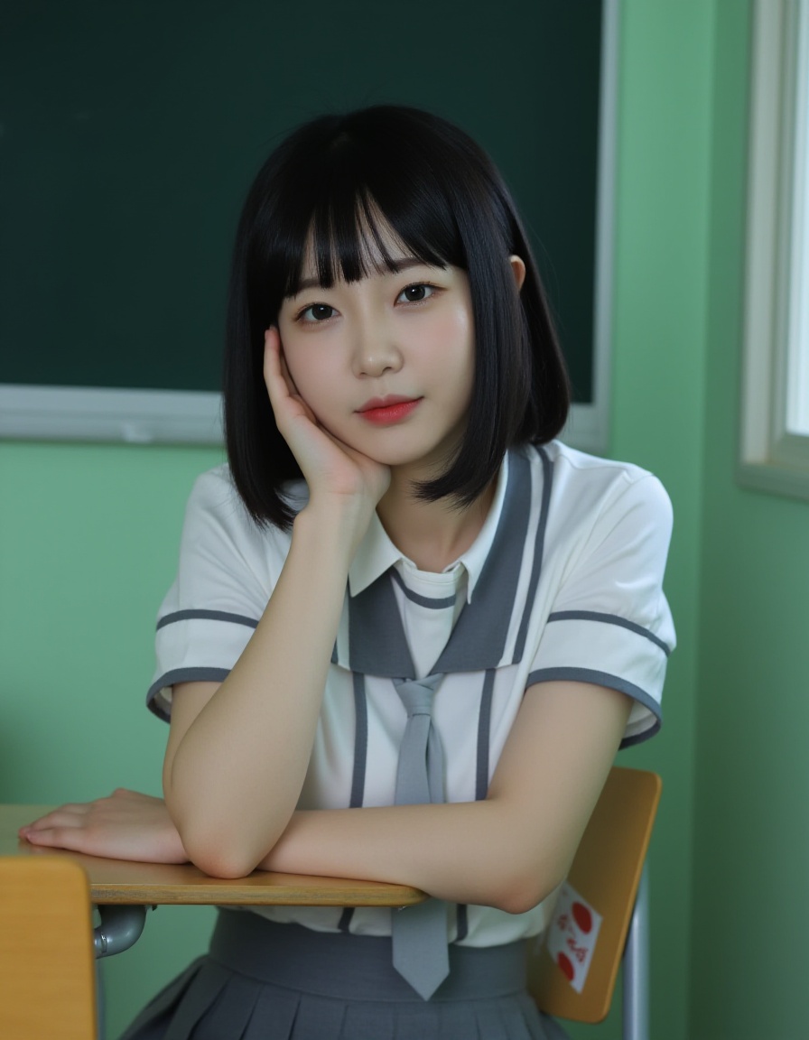 A photograph of a young Asian woman with straight black hair and bangs, sitting at a desk in a classroom. She wears a traditional Japanese schoolgirl uniform: a white blouse with black trim, a grey pleated skirt, and a grey necktie. Her expression is neutral, and she rests her chin on her right hand, which is touching her cheek. The classroom background features green walls and a blackboard on the left. The desk has a Japanese flag sticker. The overall mood is contemplative and slightly melancholic.