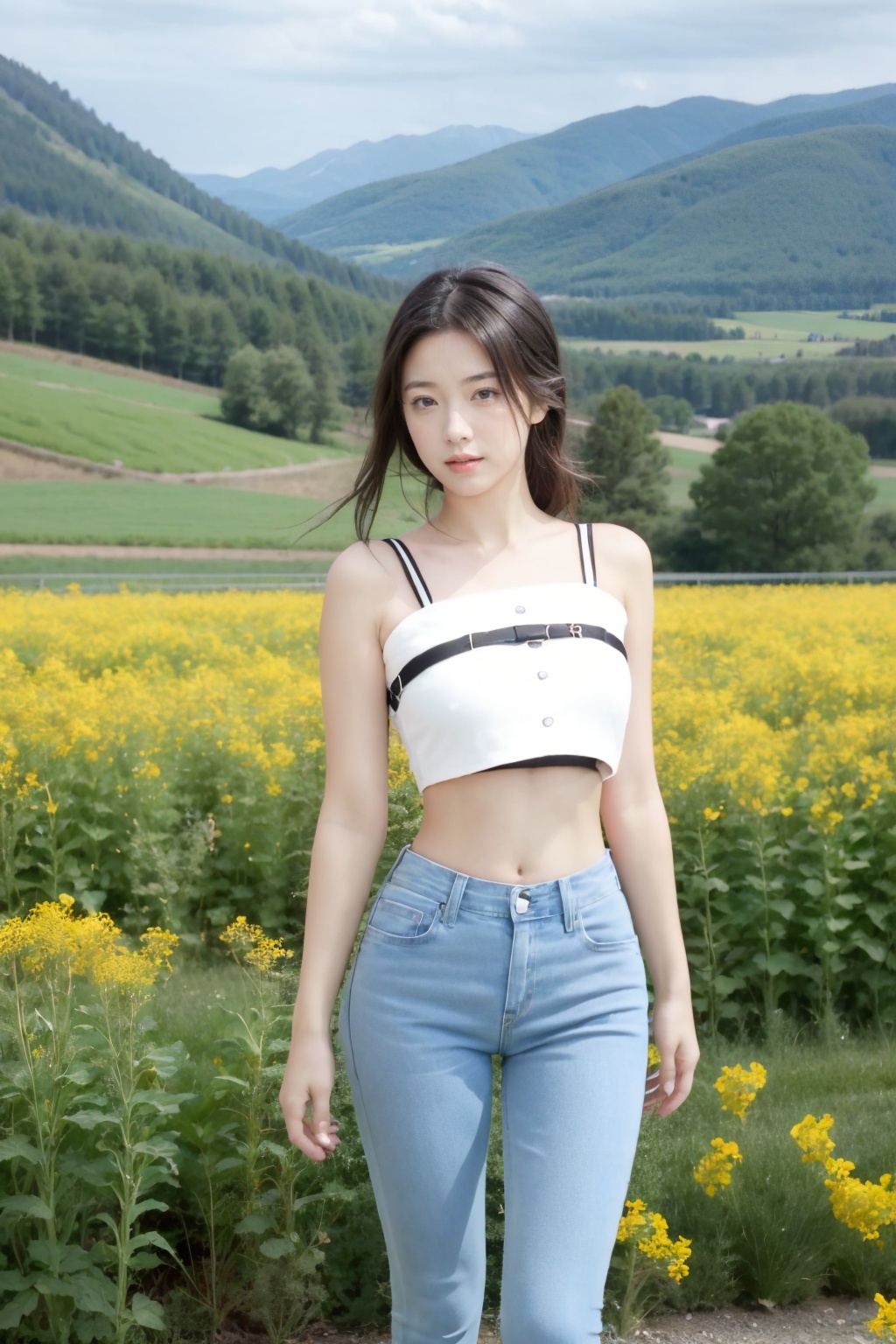 Realistic,(masterpiece:1.2),best quality,8K,HDR,RAW,1girl,(Black hair,delicate girl),((solo)),(Spring scenery, mountains in the distance, beautiful clouds, rape flower fields),huge breasts,standing,(Looking at the audience),<lora:add_detail:0.6>,<lora:GoodHands-beta2:1>,<lora:ENNE 白色无袖短上衣+牛仔裤_v09:1>,white leather_crop top,skinny jeans,
