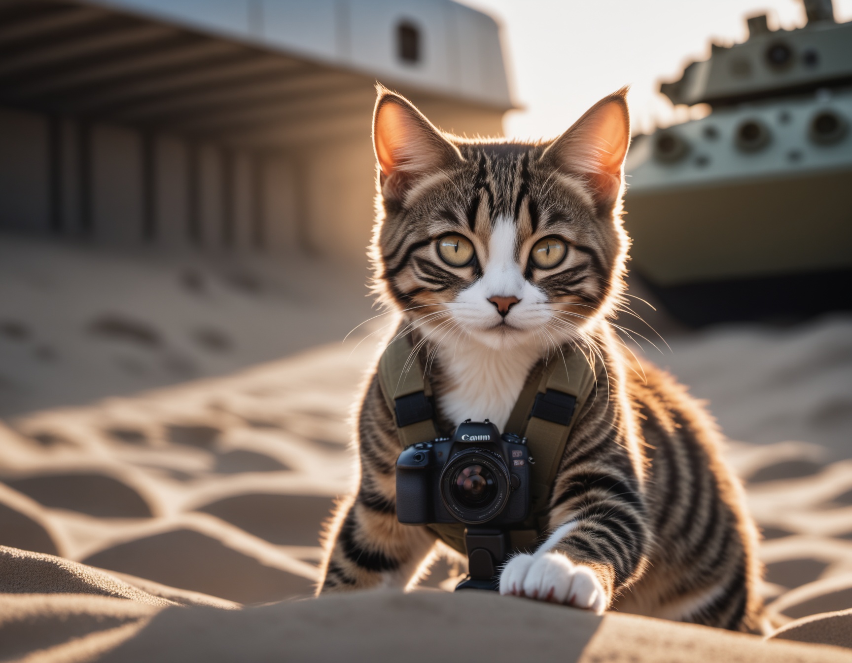 cinematic film still a cute cat soldier is storming omaha beach after the landing craft reached land ,  heavy gunfire towa...