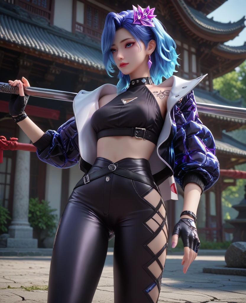 (oriental architecture, elegant decor, sophisticated style:1.1),(having a workout at the gym,barbell:1.1),(breasts:1.2),<lora:XL16克金玩家柳菲:0.95>,miss liufei,atropurpureus jacket,black crop top,blue eyes,blue hair,hair ornament,earrings,gem,black fingerless gloves,tattoo,belt,leggings with built-in heels,, score_9,score_8_up,score_7_up,score_6_up,score_5_up,score_4_up,3d rendering,tag1,tag2, Cinematic Lighting,backlighting,, zPDXL3, zPDXL2,zPDXL, zPDXLxxx, zPDXLrl,