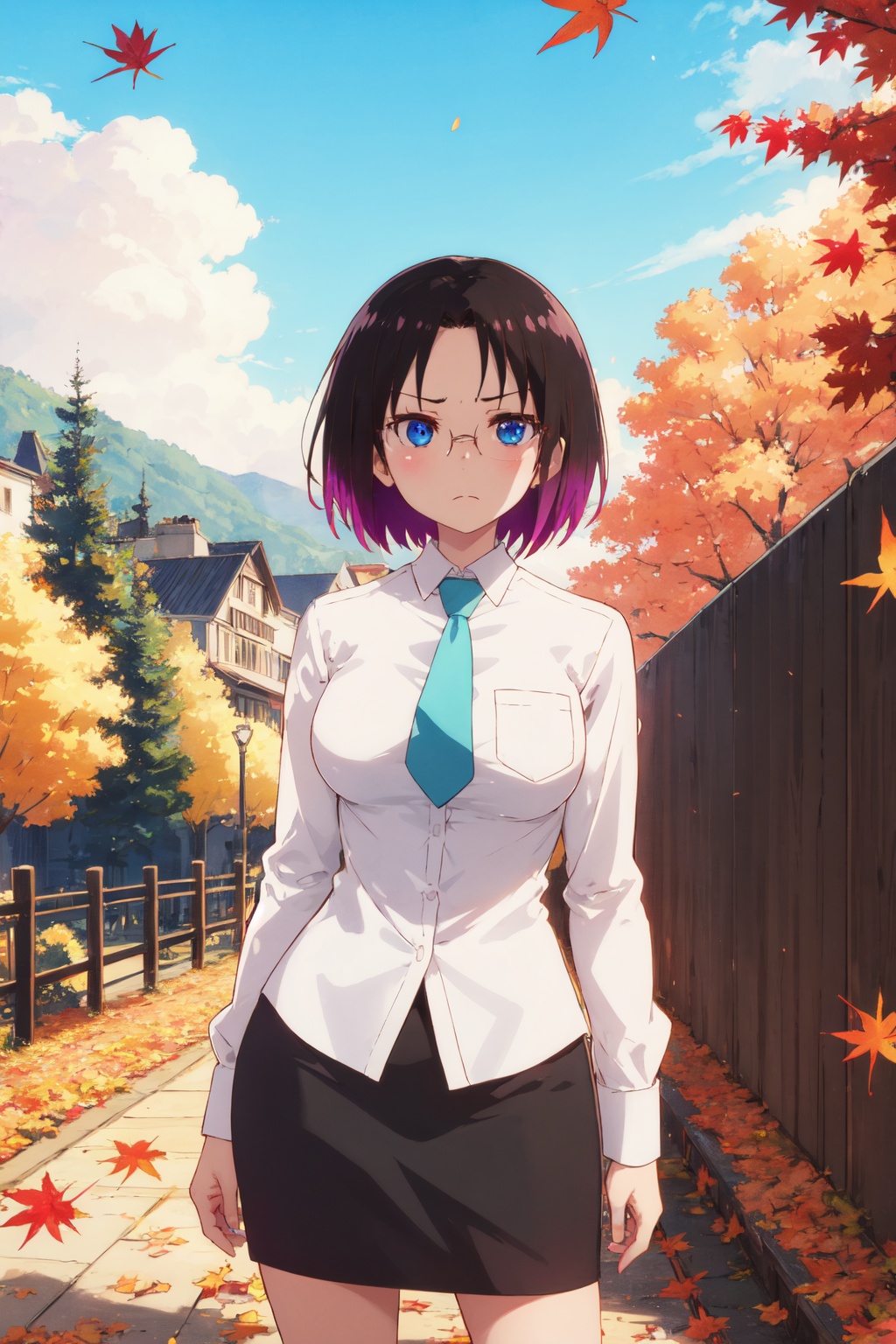 <lora:Elma:0.8>,Elma CYQL,1girl,looking at viewer,solo,office lady,necktie,blue eyes,breasts,purple hair,glasses,pencil skirt,large breasts,gradient hair,multicolored hair,short hair,skirt,suit,formal,black hair,shirt,frown,blue necktie,jacket,collared shirt,closed mouth,black skirt,white shirt,long sleeves,drunk,full_shot,In the golden season of autumn, maple leaves blaze like flames, covering the hillsides in hues of red and yellow. Fallen leaves pave paths of brilliance,(Lavender rows, Moonlit landscape, Lavender fragrance, Nighttime glow, Midnight stroll, Provencal charm:0.5),beautiful detailed sky,beautiful detailed glow,posing in front of a colorful and dynamic background,masterpiece,best quality,beautiful and aesthetic,contrapposto,female focus,wallpaper,