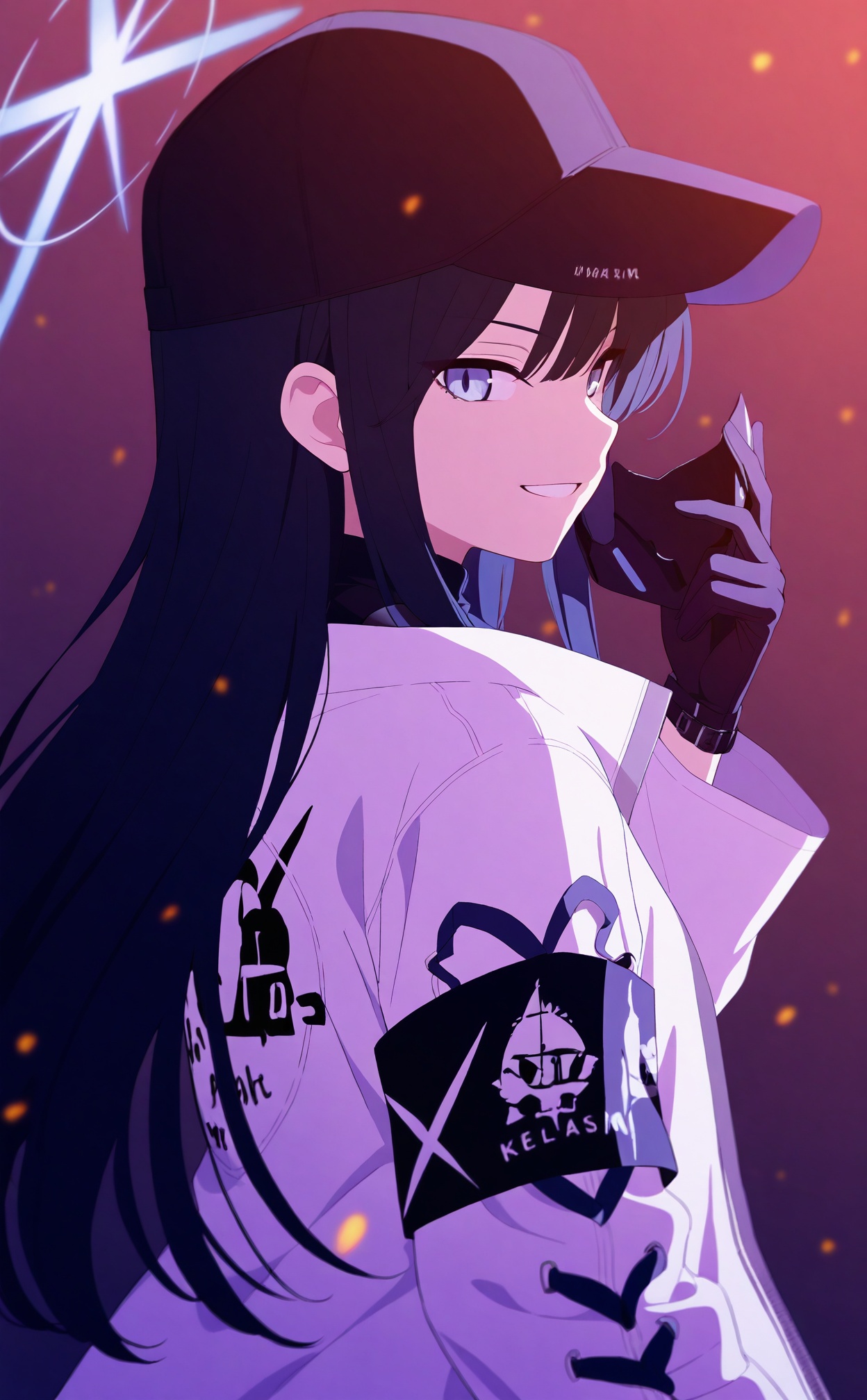 masterpiece,best quality,high quality,loli,1girl,saori (blue archive),solo,mask,holding mask,halo,hat,gloves,jacket,white jacket,blue eyes,baseball cap,long hair,black headwear,black hair,black gloves,looking at viewer,holding,black mask,unworn mask,long sleeves,upper body,smile,mouth mask,looking back,armband,from behind,grin,embers,<lora:BA3——【Illustrious】hans:0.88>,